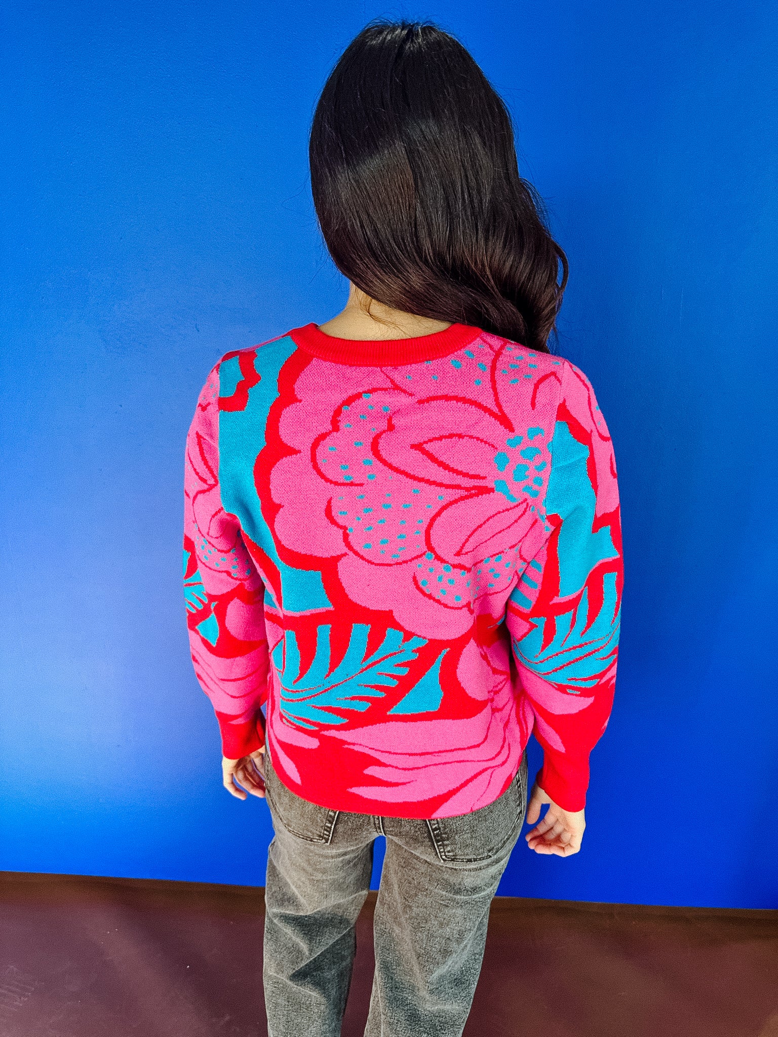 Zinnia Floral Sweater - Fuchsia + Turquiose + Scarlet