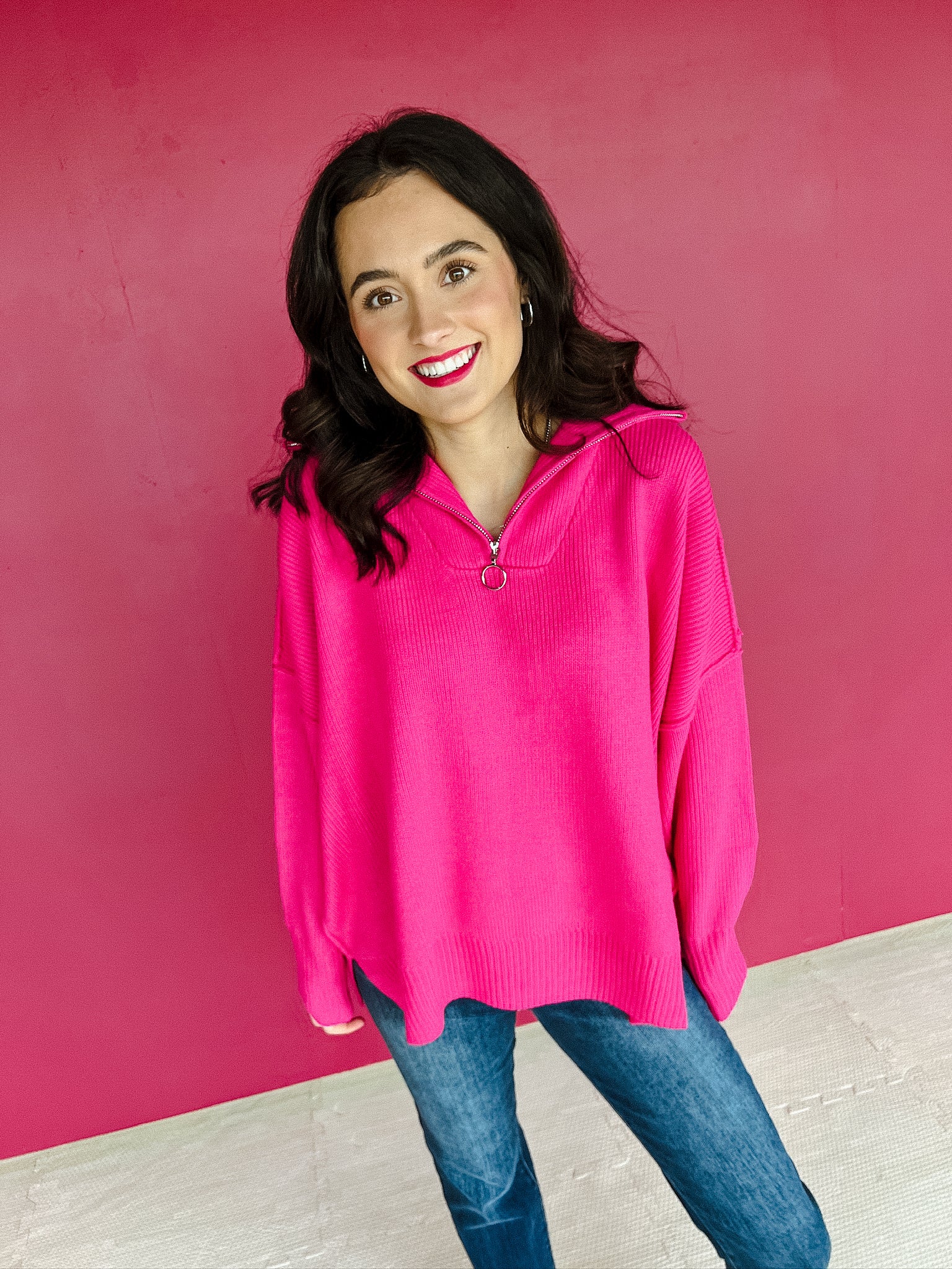 Simone Half Zip Sweater - Fuchsia