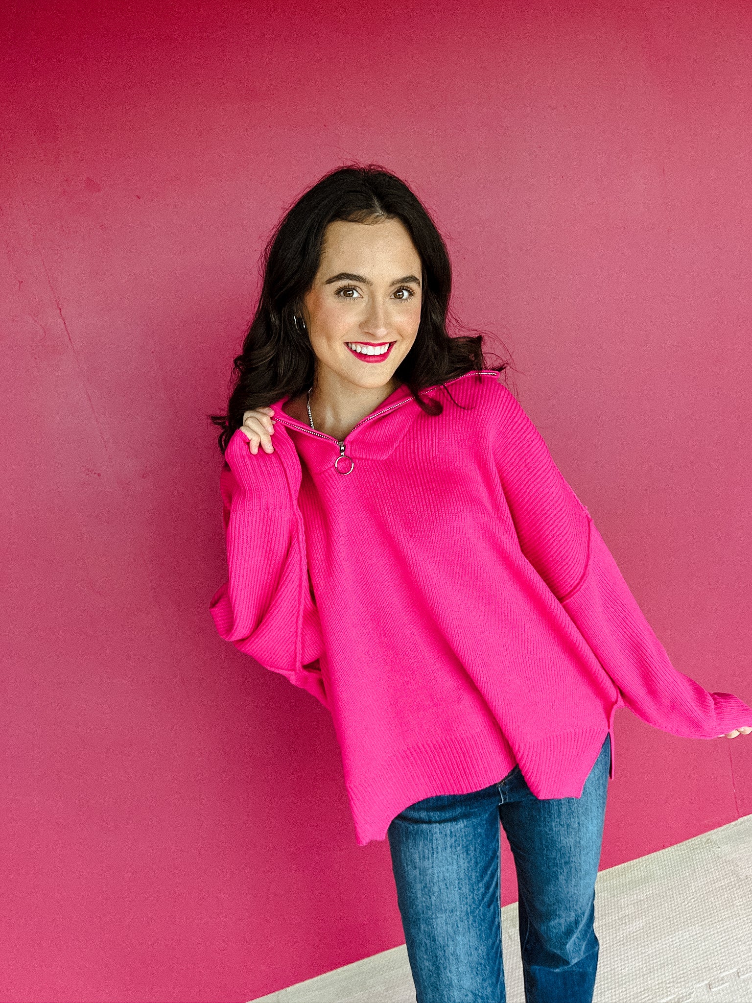 Simone Half Zip Sweater - Fuchsia