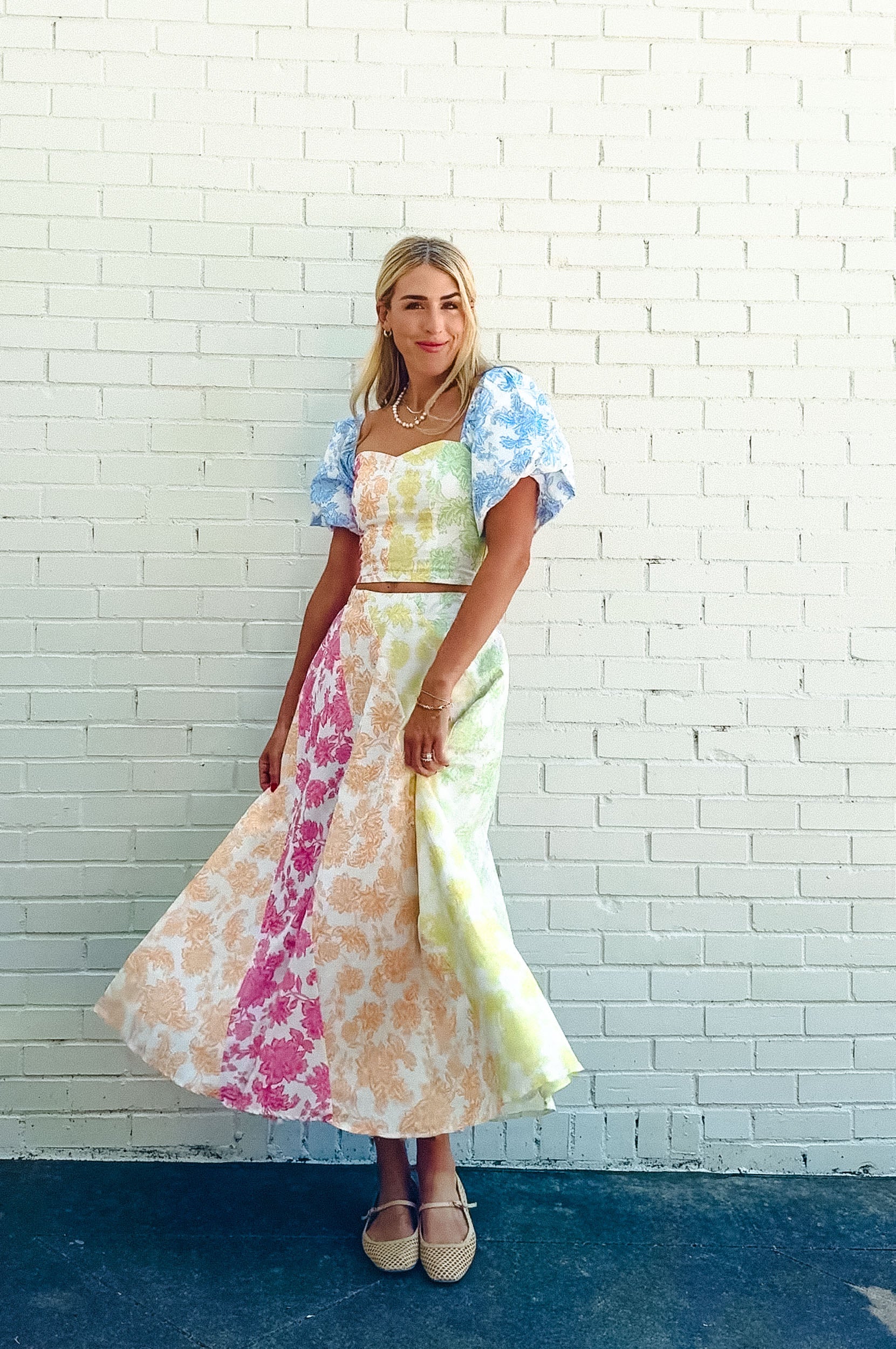 Camila Floral Print Midi Skirt - Soft White + Apple + Cornflower + Pink