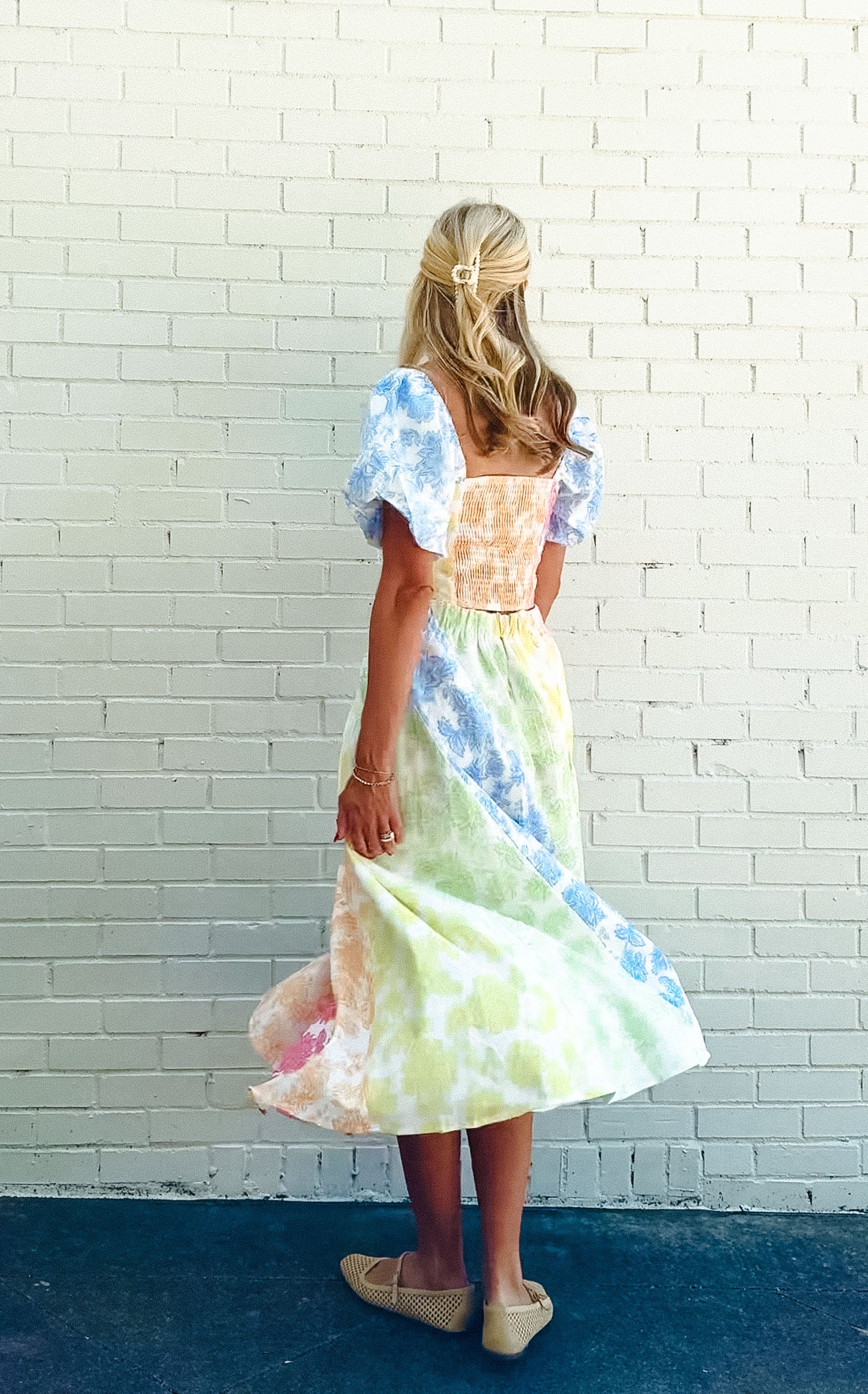 Ava Floral Puff Sleeve Crop Top - Soft White + Apple + Cornflower + Pink