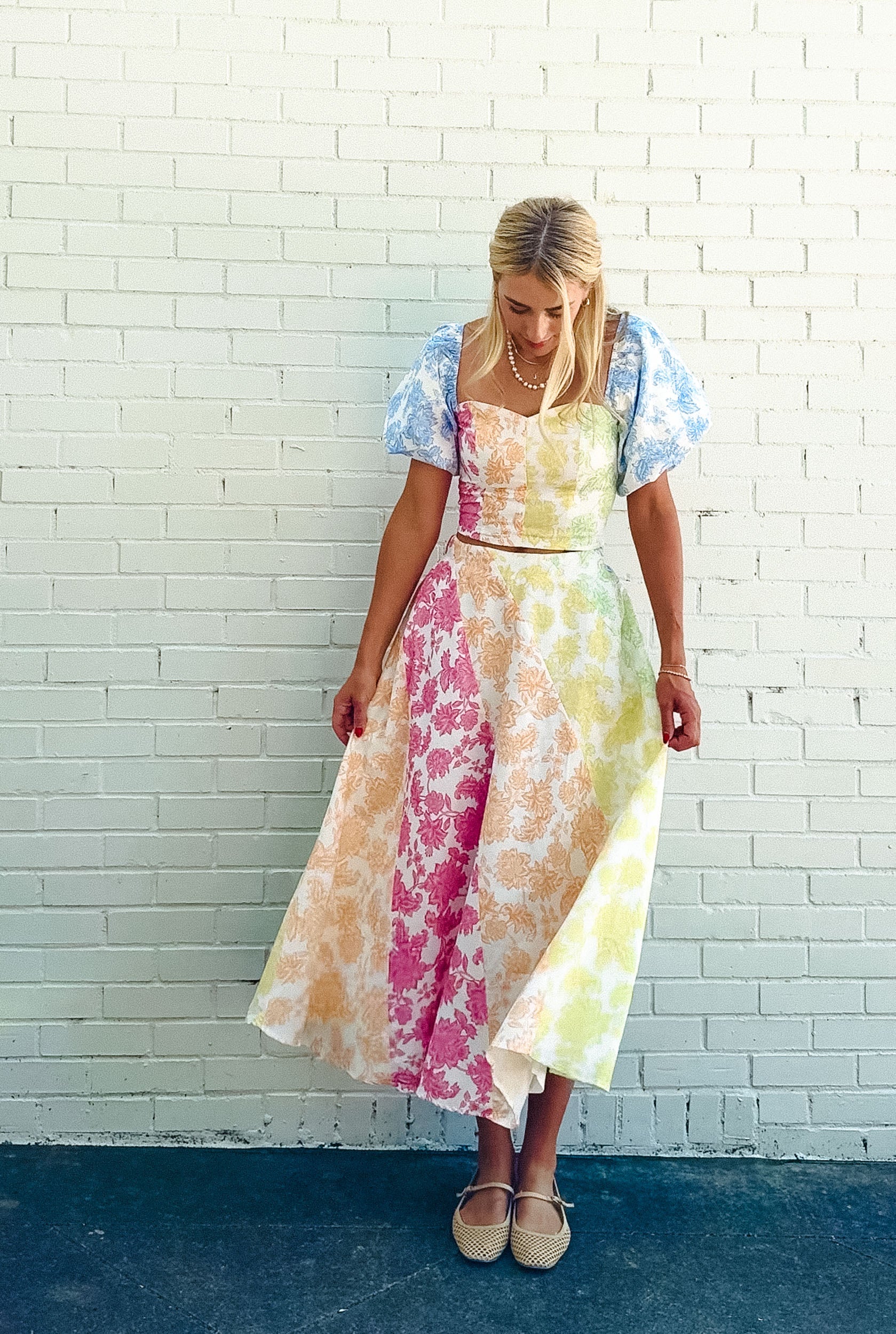Camila Floral Print Midi Skirt - Soft White + Apple + Cornflower + Pink