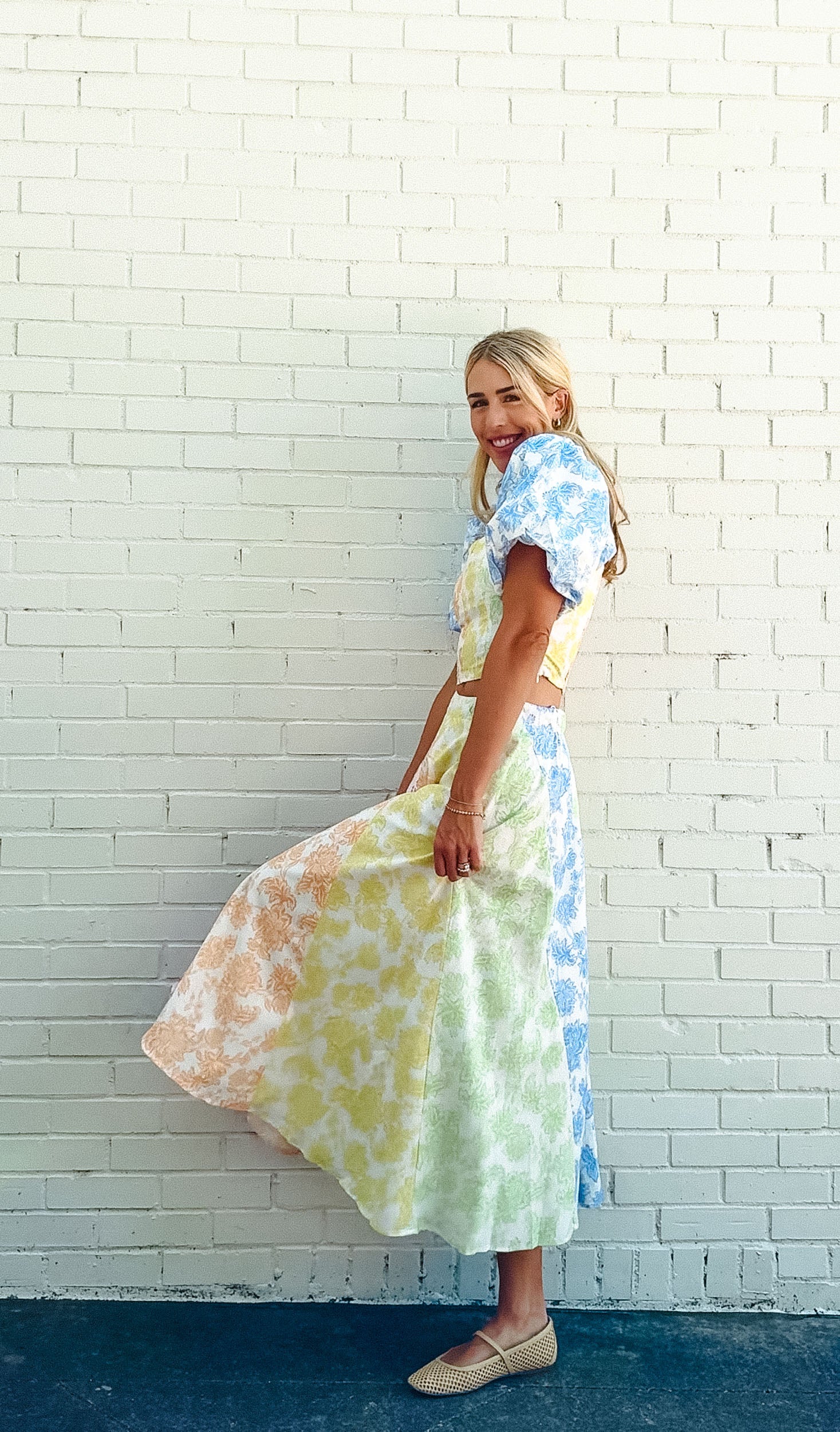 Camila Floral Print Midi Skirt - Soft White + Apple + Cornflower + Pink