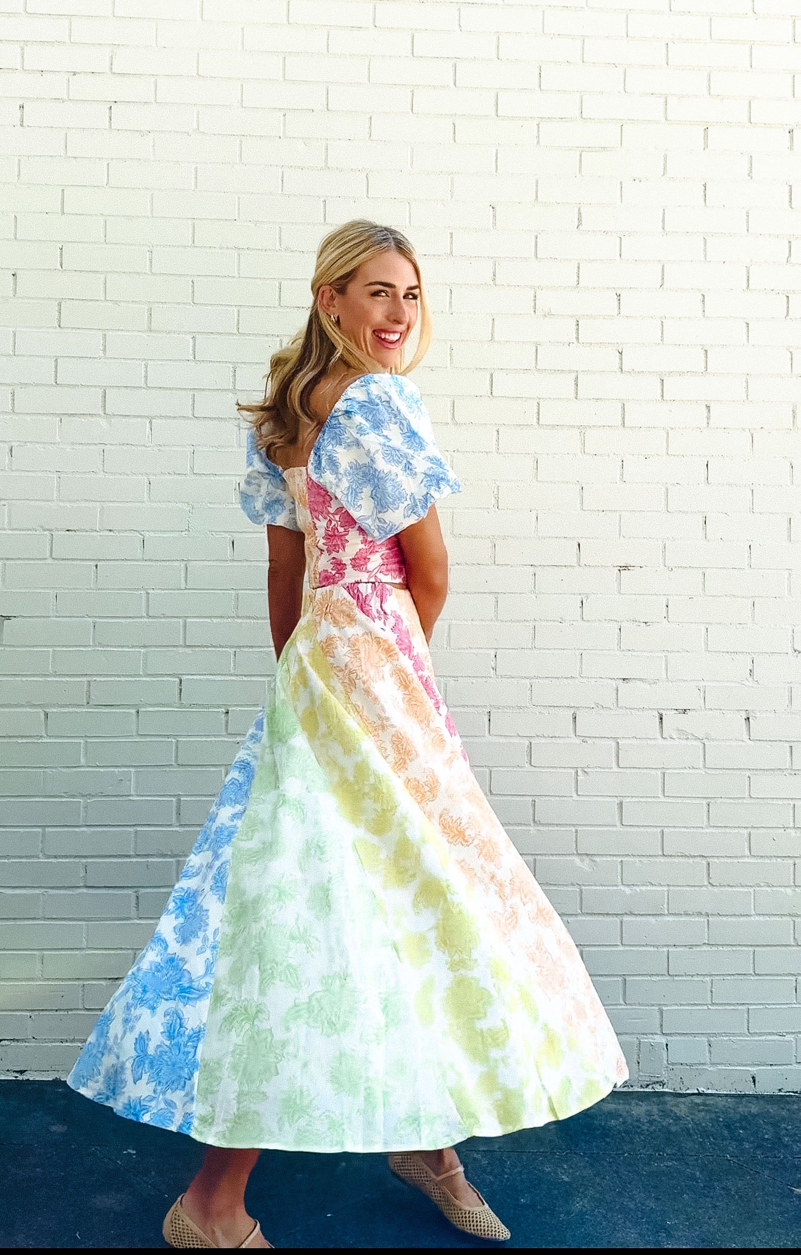 Ava Floral Puff Sleeve Crop Top - Soft White + Apple + Cornflower + Pink