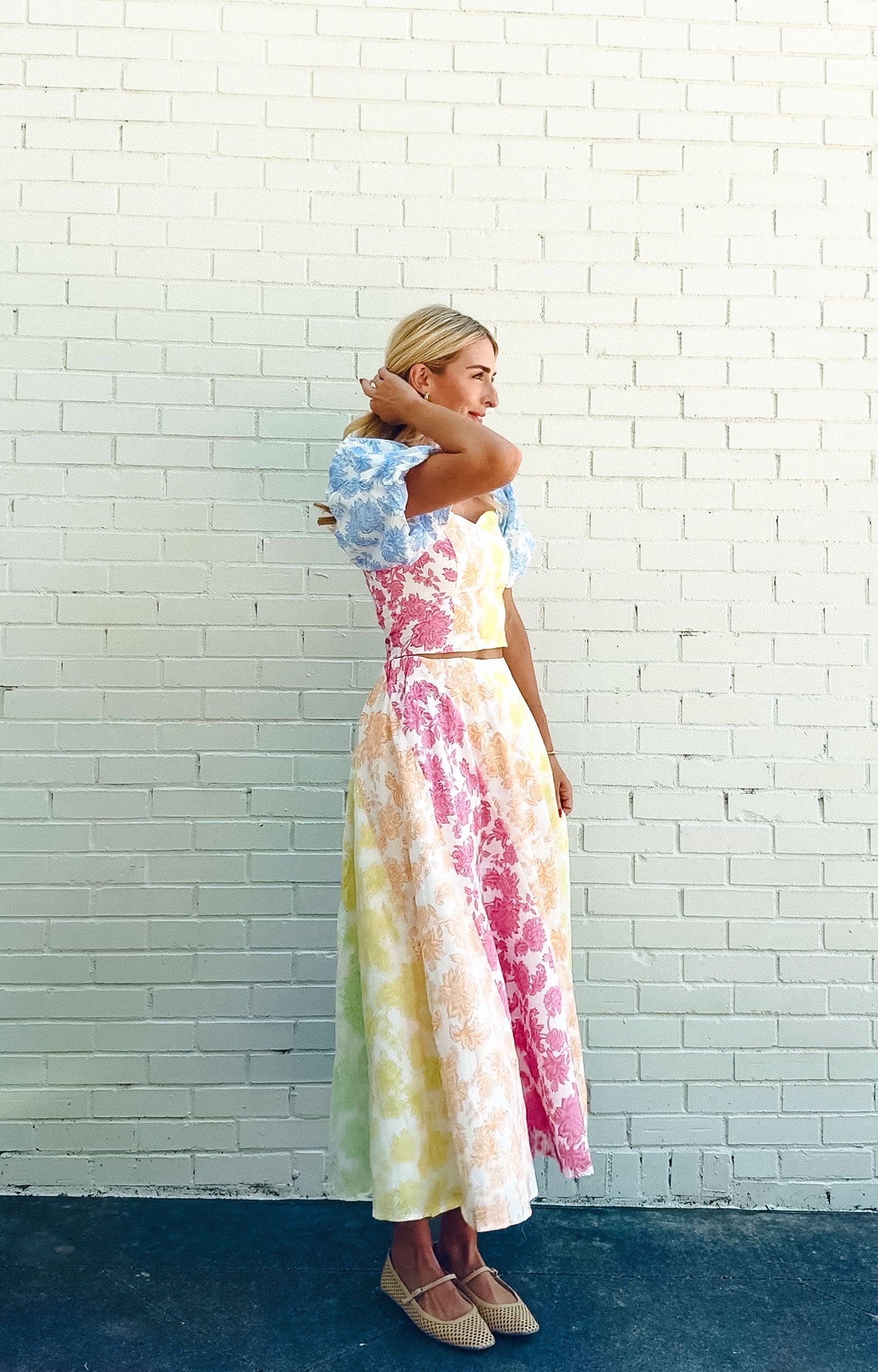 Ava Floral Puff Sleeve Crop Top - Soft White + Apple + Cornflower + Pink
