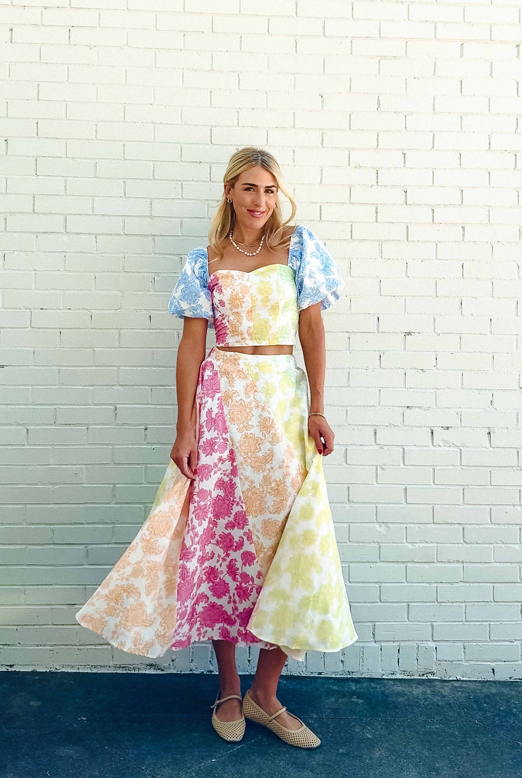 Ava Floral Puff Sleeve Crop Top - Soft White + Apple + Cornflower + Pink