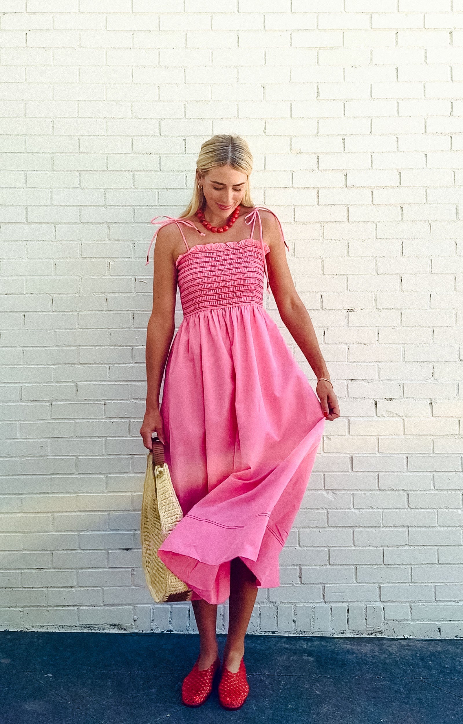 Billie Smocked Midi Dress - Rose/Shocking Pink + Coral Red