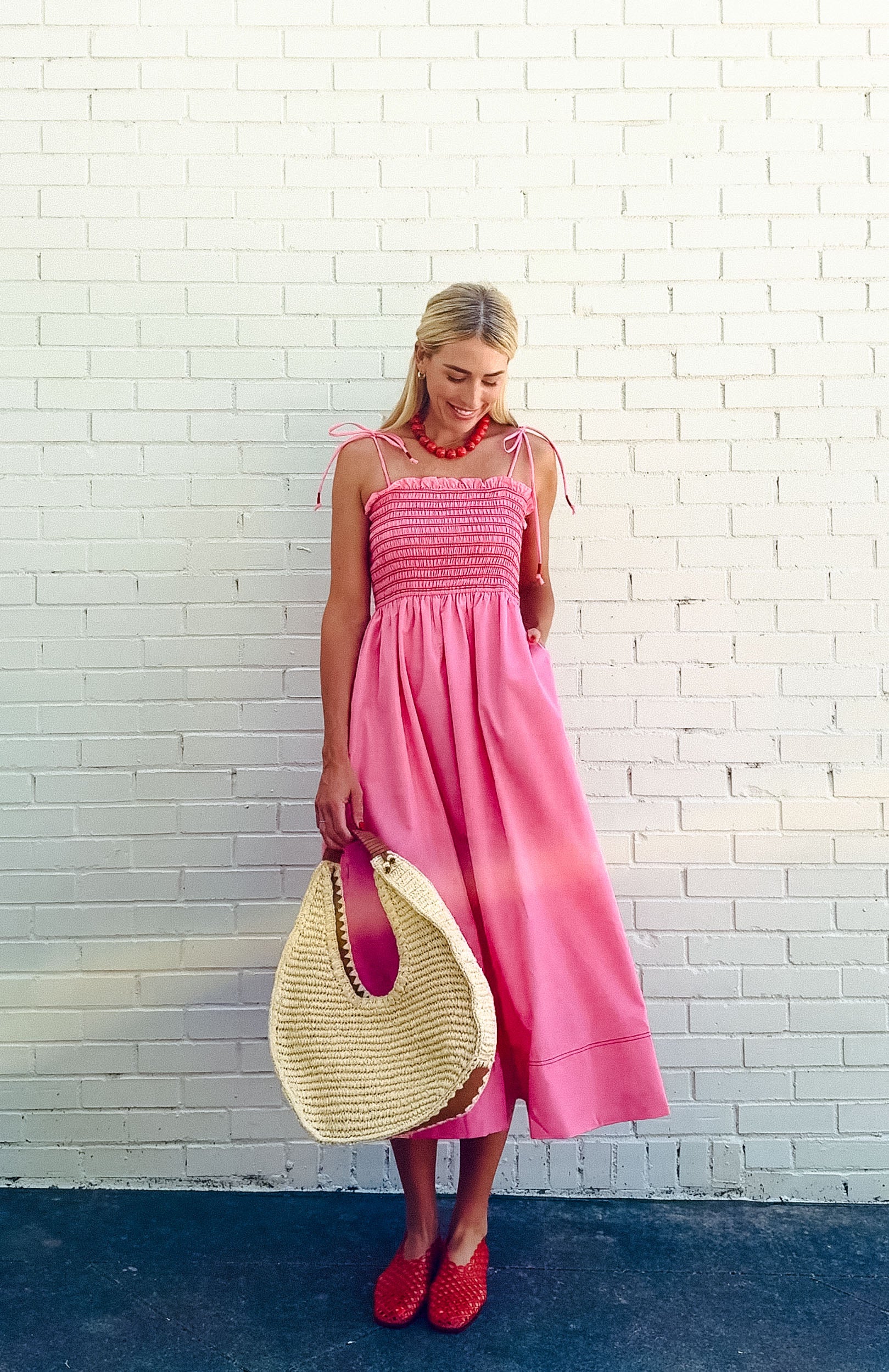 Billie Smocked Midi Dress - Rose/Shocking Pink + Coral Red