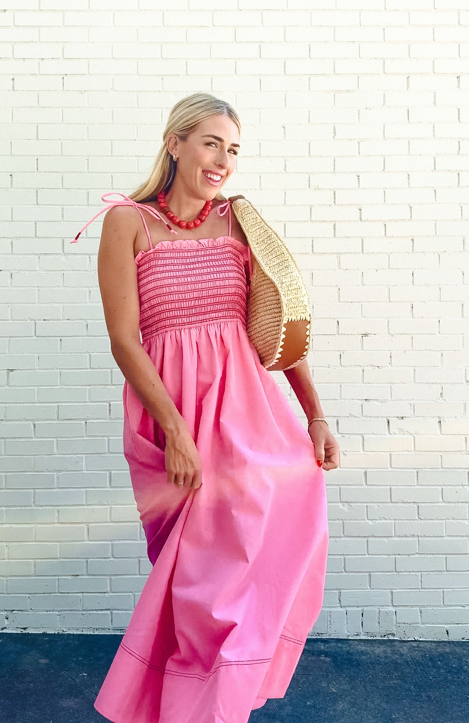 Billie Smocked Midi Dress - Rose/Shocking Pink + Coral Red
