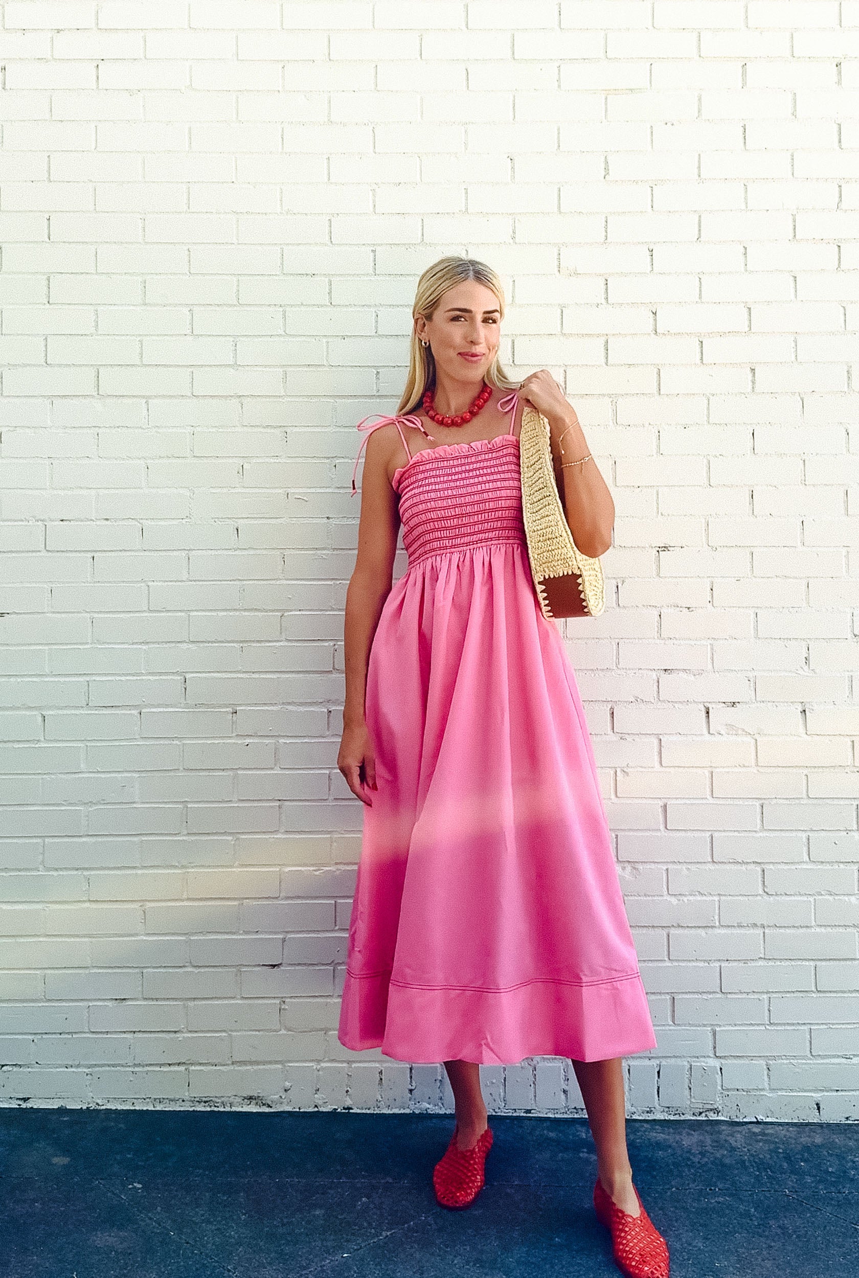 Billie Smocked Midi Dress - Rose/Shocking Pink + Coral Red