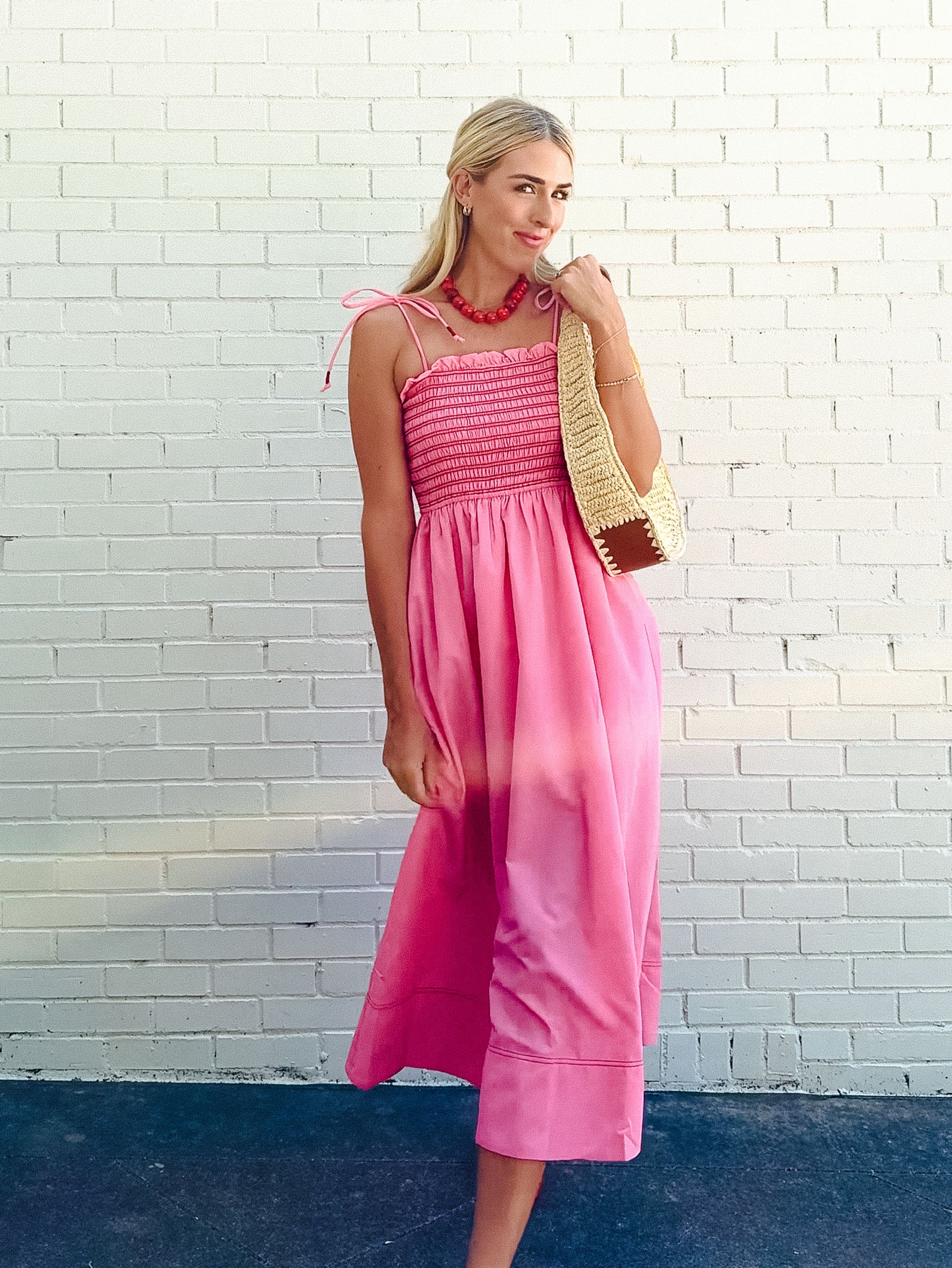Billie Smocked Midi Dress - Rose/Shocking Pink + Coral Red