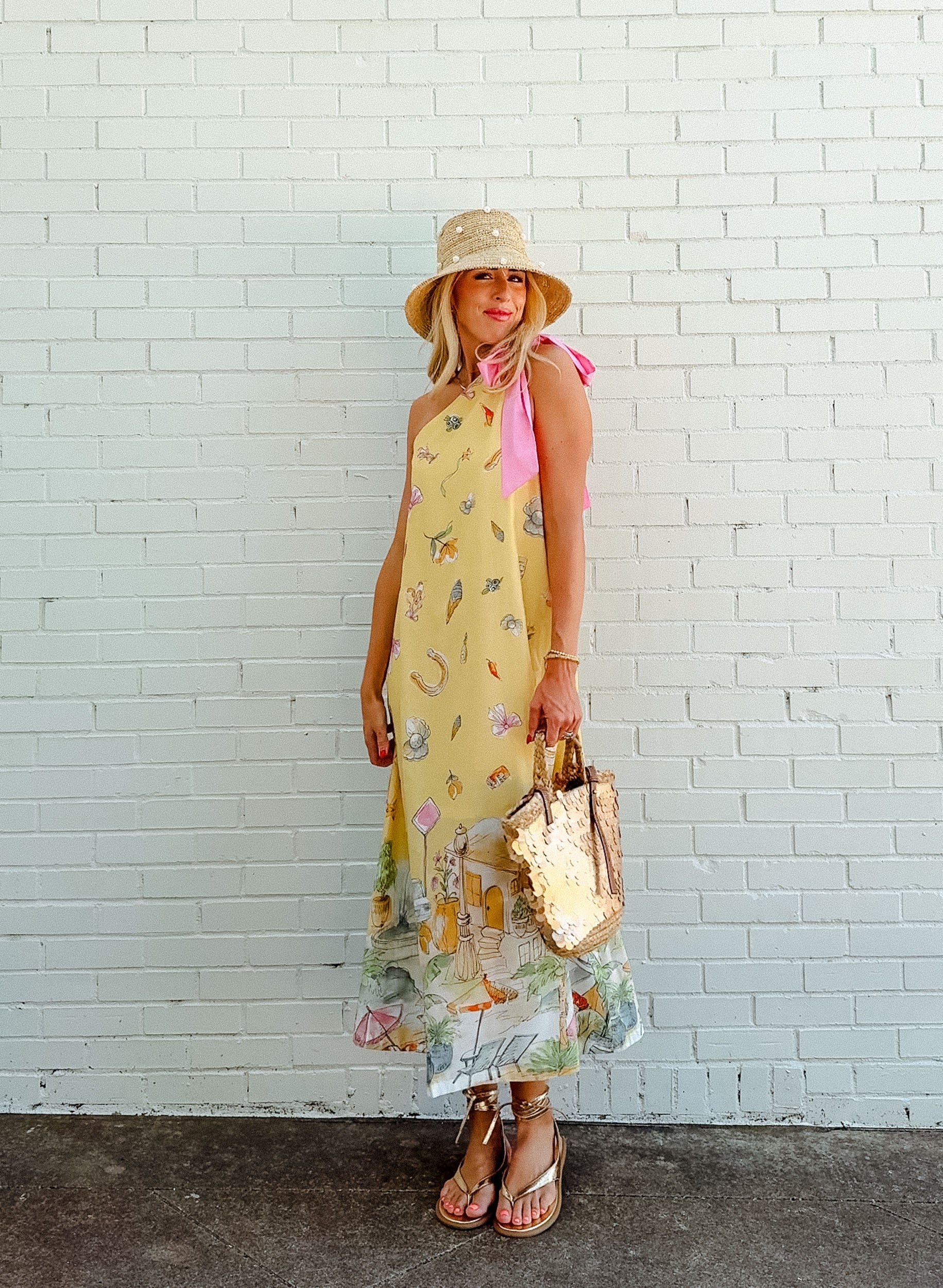 Amber One-Shoulder Maxi Dress - Light Yellow Ochre + Geranium Pink
