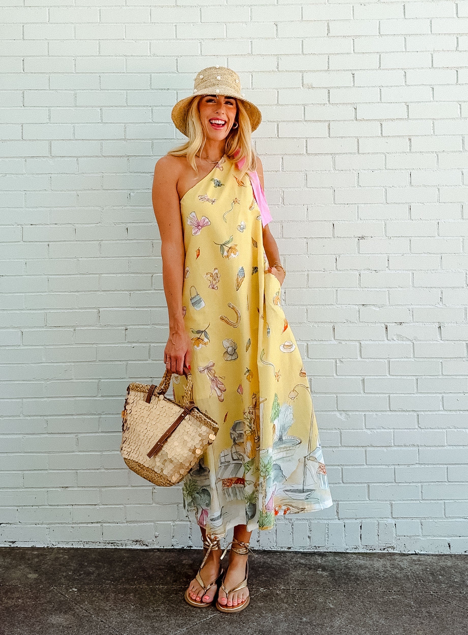 Amber One-Shoulder Maxi Dress - Light Yellow Ochre + Geranium Pink