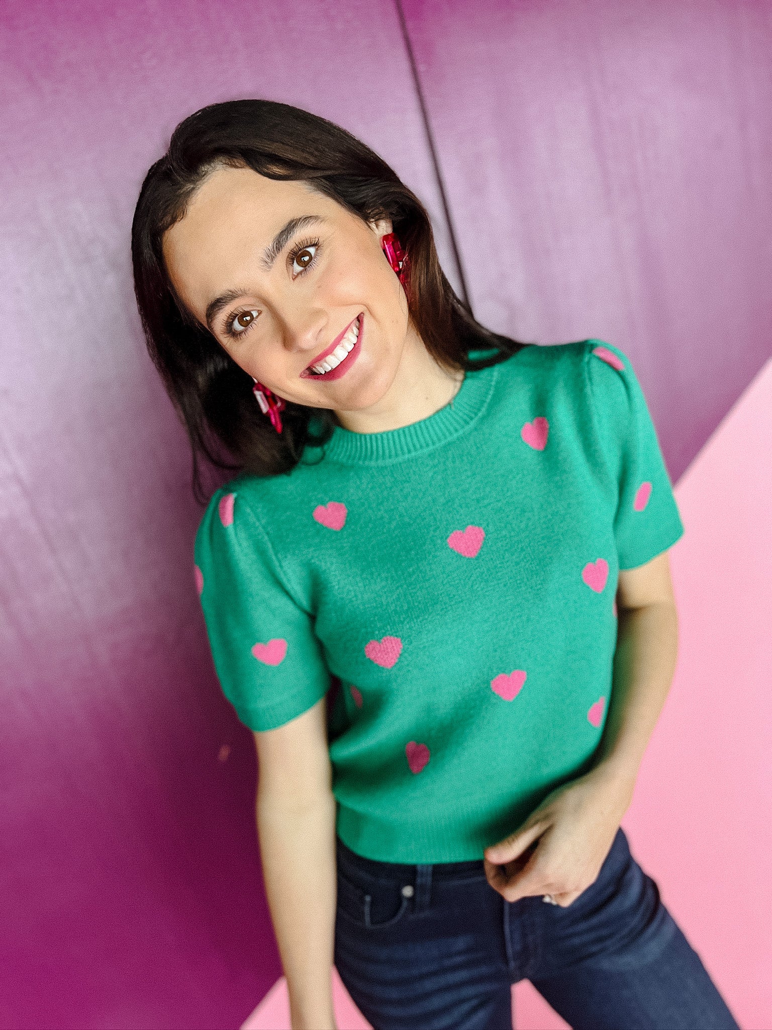 Addie Puff Sleeve Heart Sweater - Light Emerald + Shocking Pink