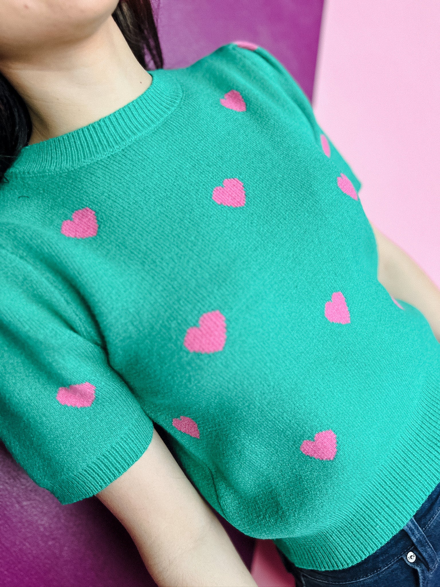 Addie Puff Sleeve Heart Sweater - Light Emerald + Shocking Pink