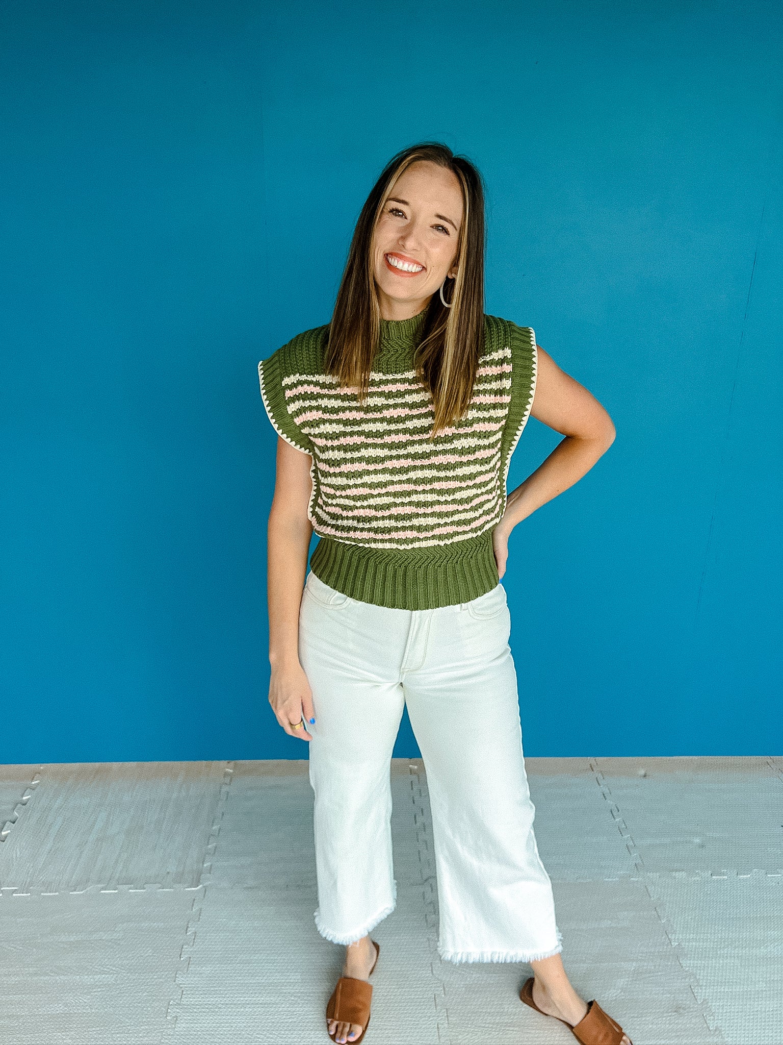 Ivy Striped Sleeveless Sweater - Olive Cream