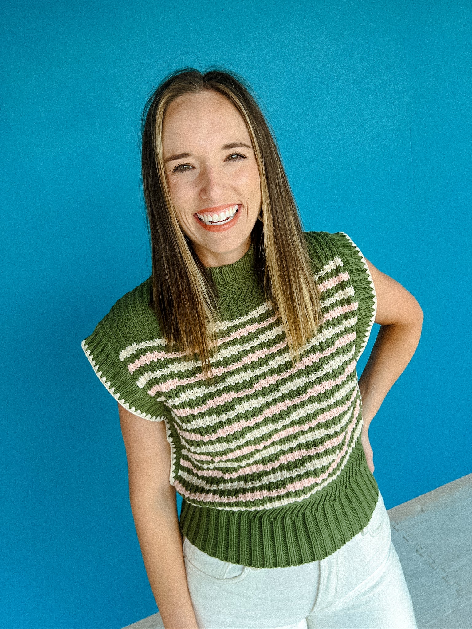 Ivy Striped Sleeveless Sweater - Olive Cream