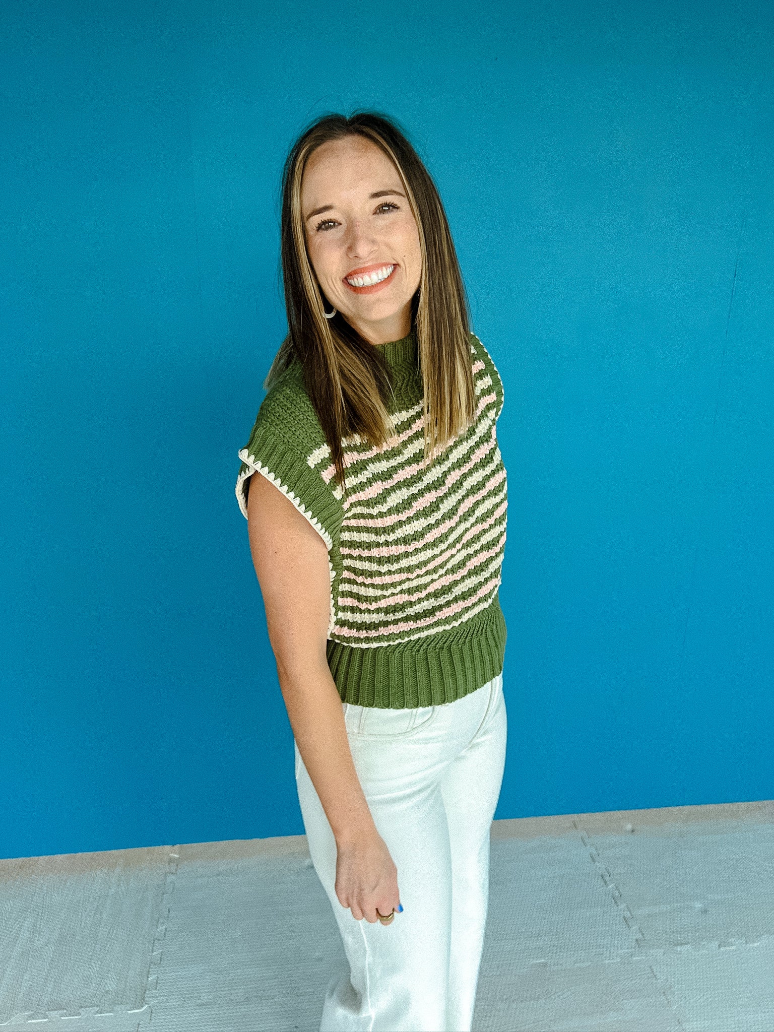 Ivy Striped Sleeveless Sweater - Olive Cream