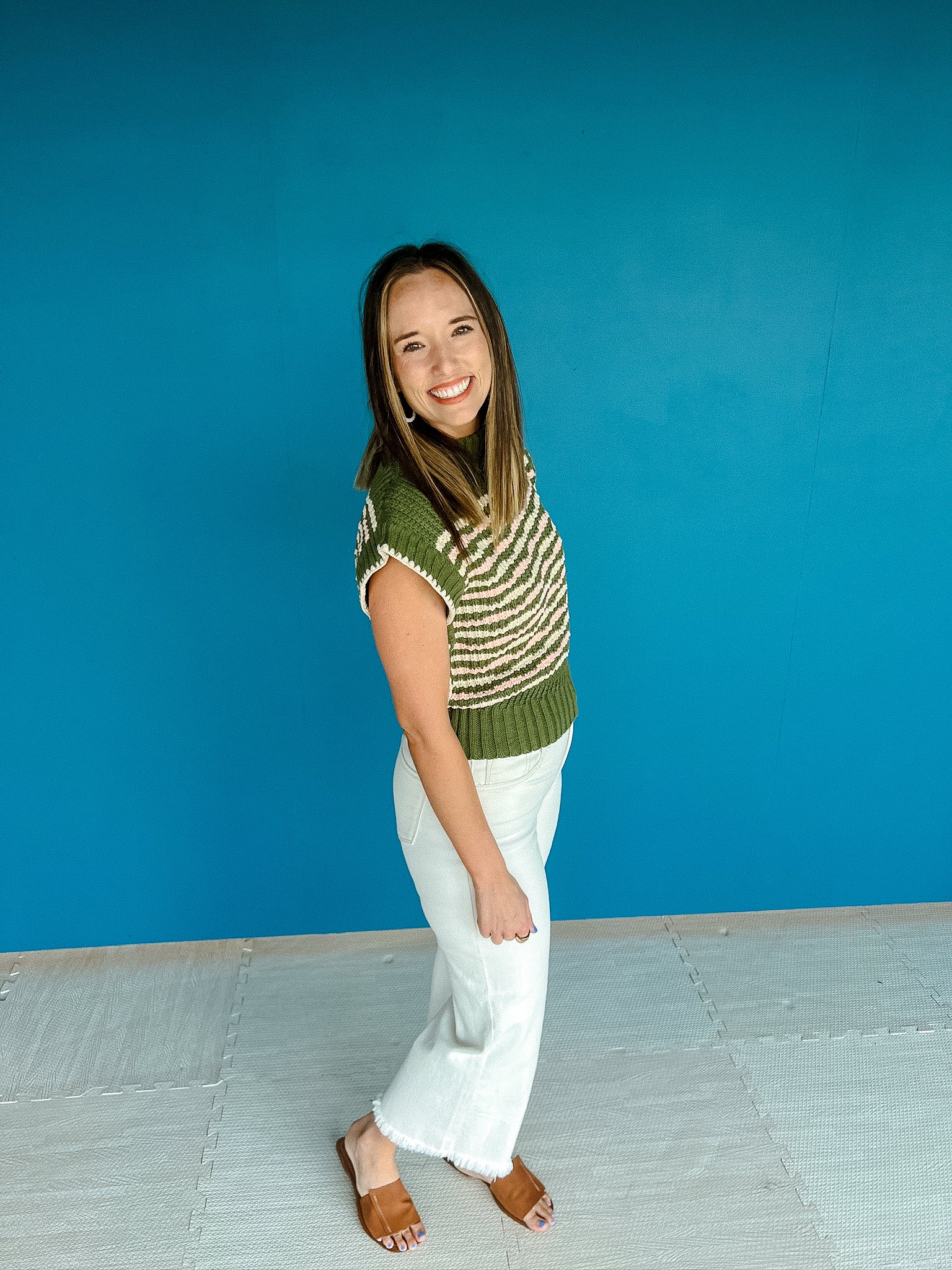 Ivy Striped Sleeveless Sweater - Olive Cream