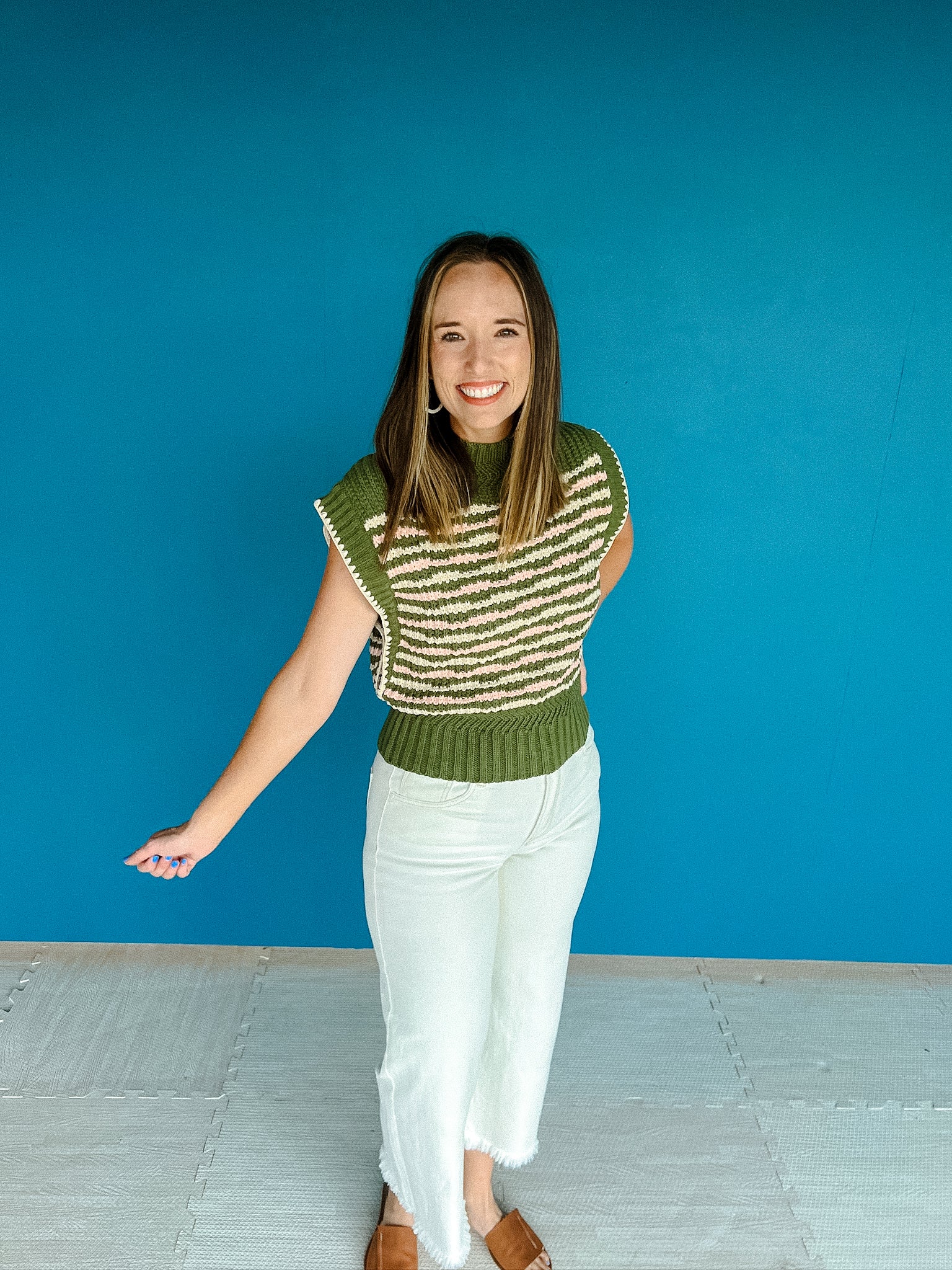 Ivy Striped Sleeveless Sweater - Olive Cream