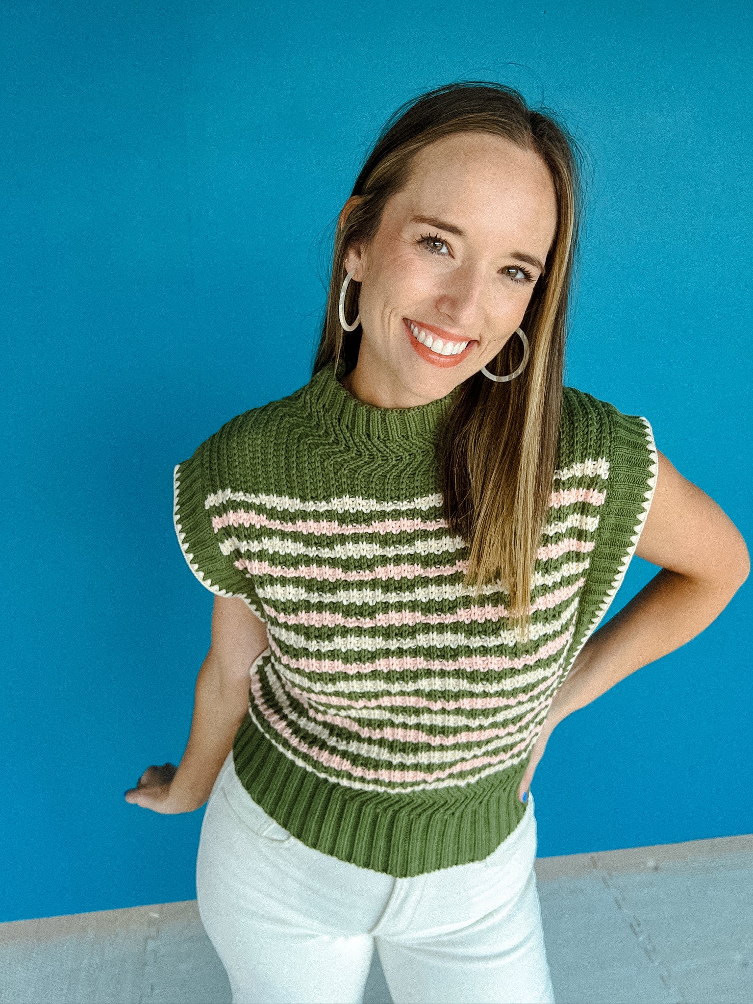 Ivy Striped Sleeveless Sweater - Olive Cream