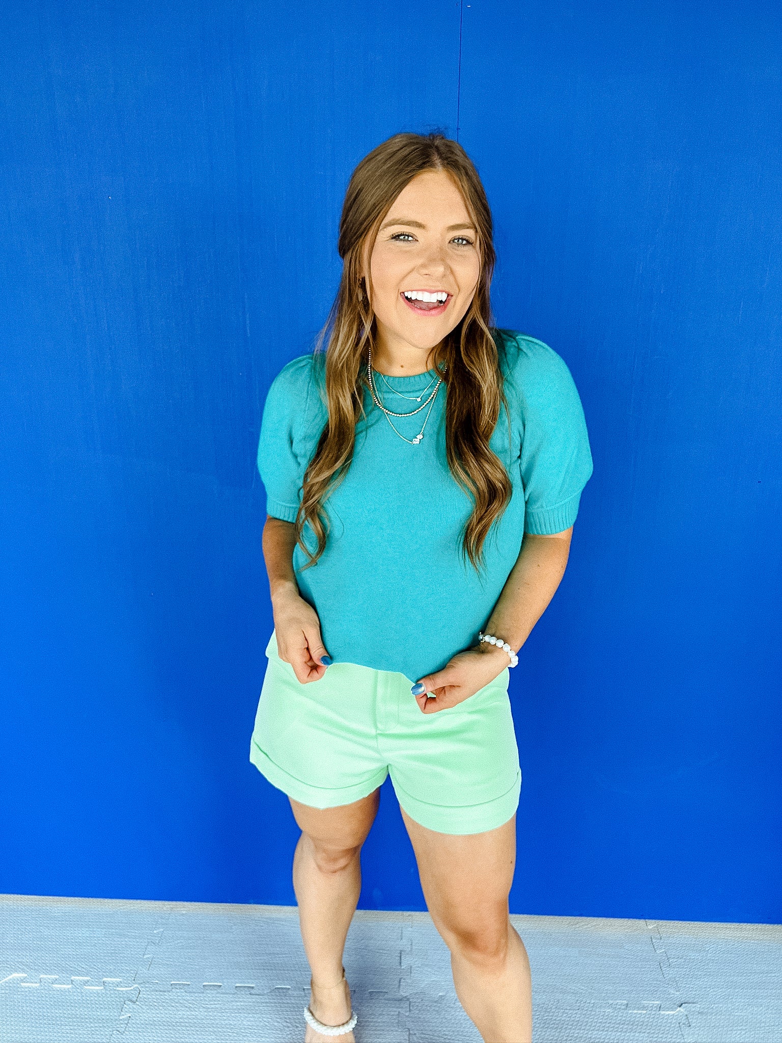 Eliana Short Sleeve Sweater - Bright Turquoise