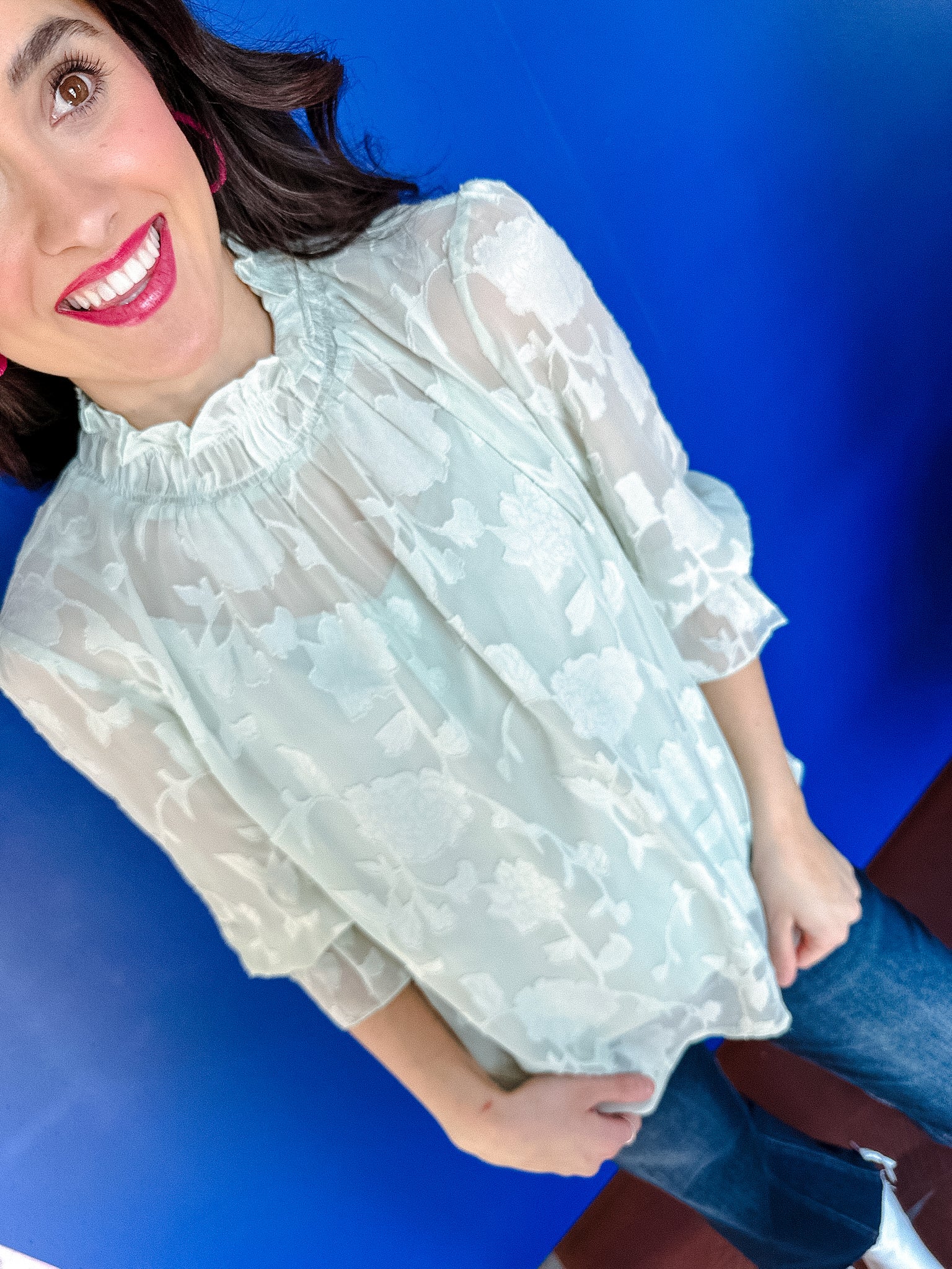 Zola Floral Mock Neck Blouse - Ice Green