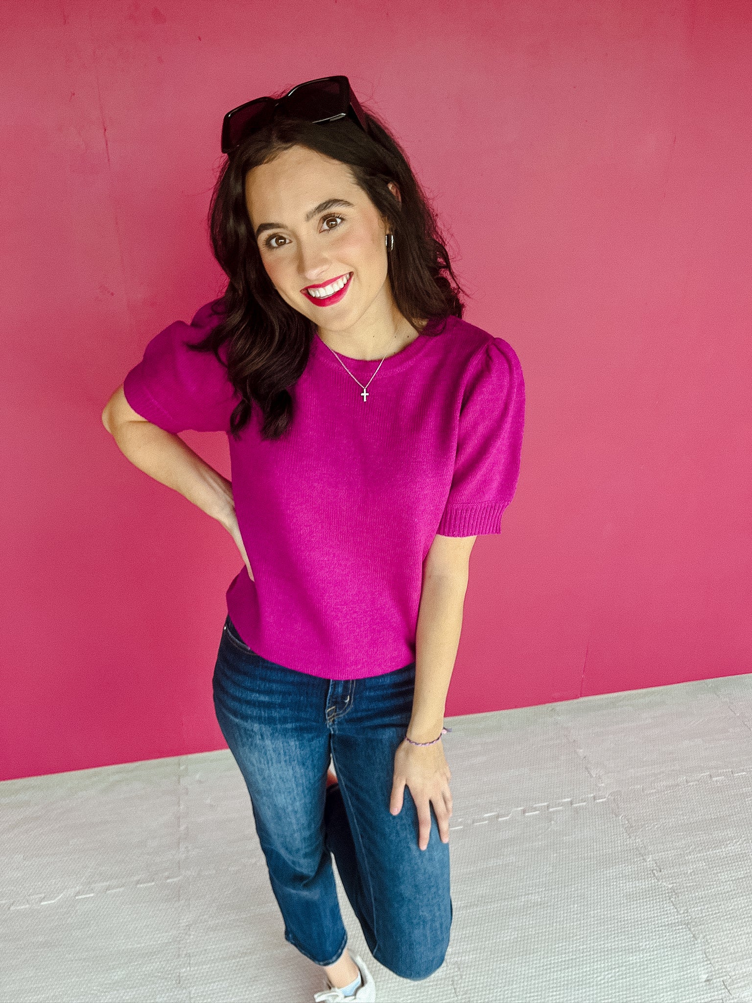 Julie Short Sleeve Sweater - Bright Orchid