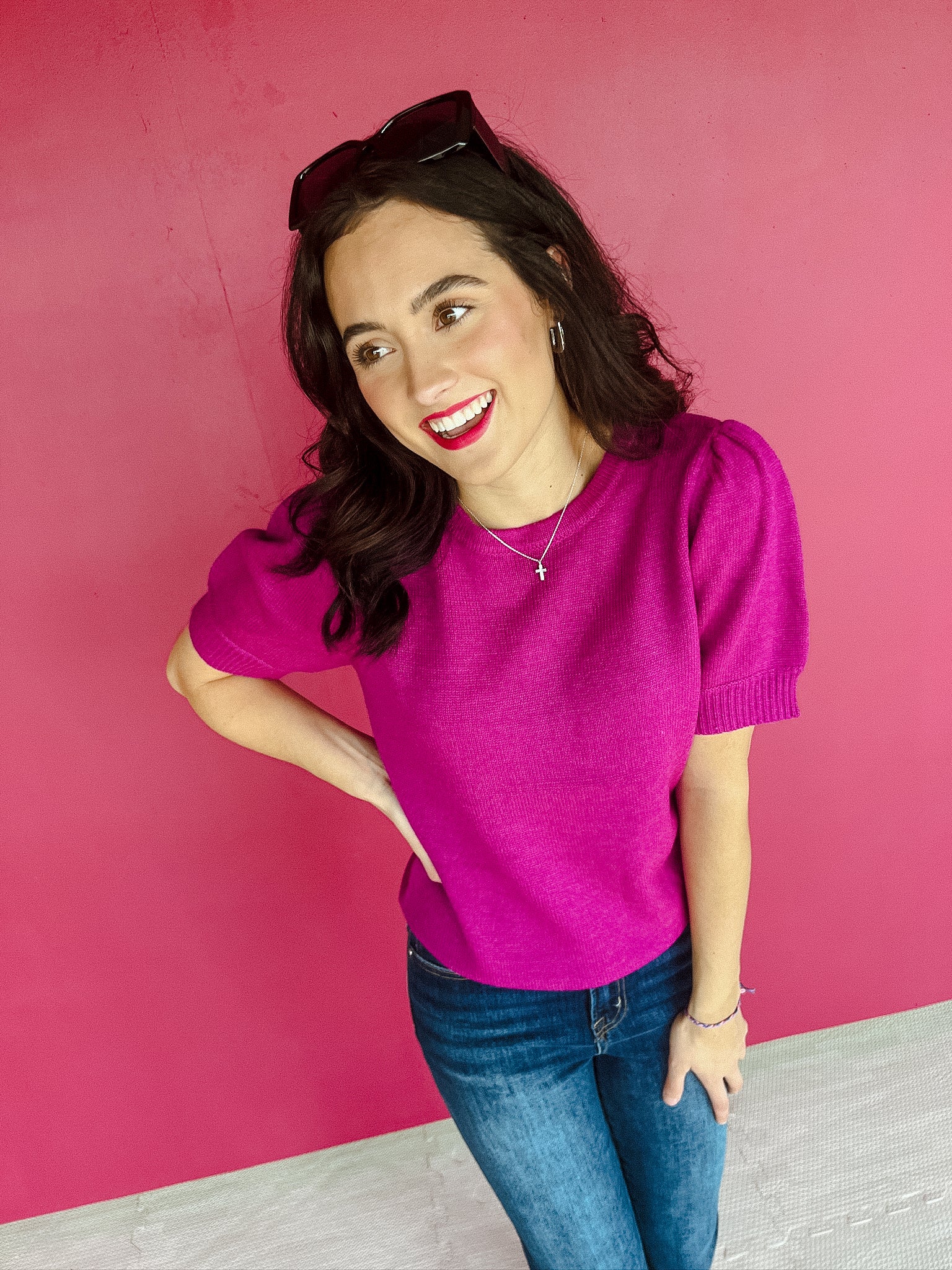 Julie Short Sleeve Sweater - Bright Orchid