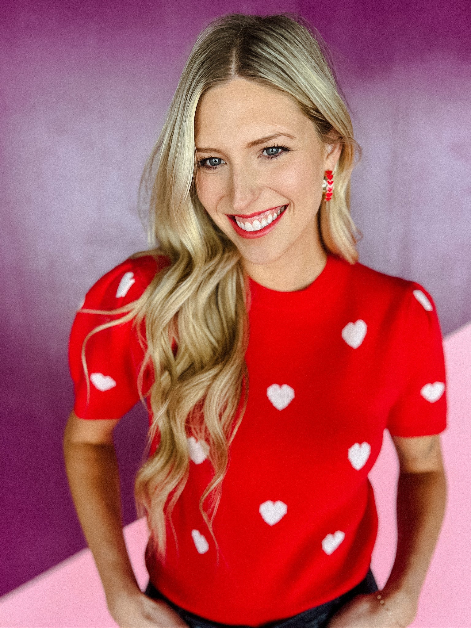 Addie Puff Sleeve Heart Sweater - True Red