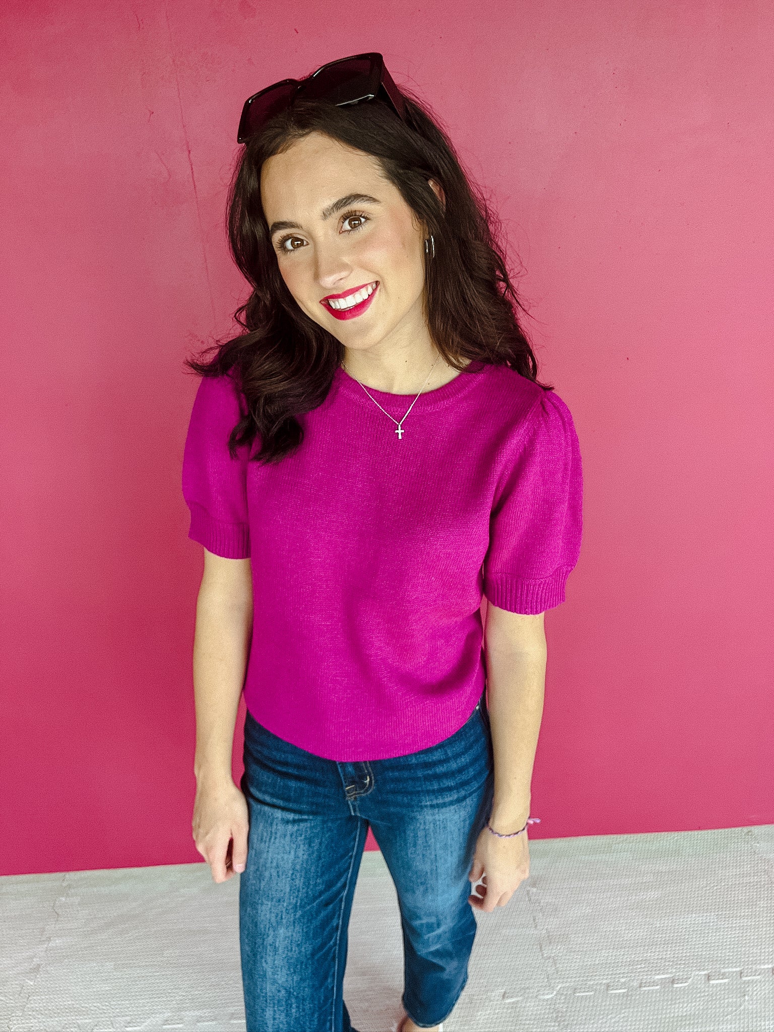 Julie Short Sleeve Sweater - Bright Orchid