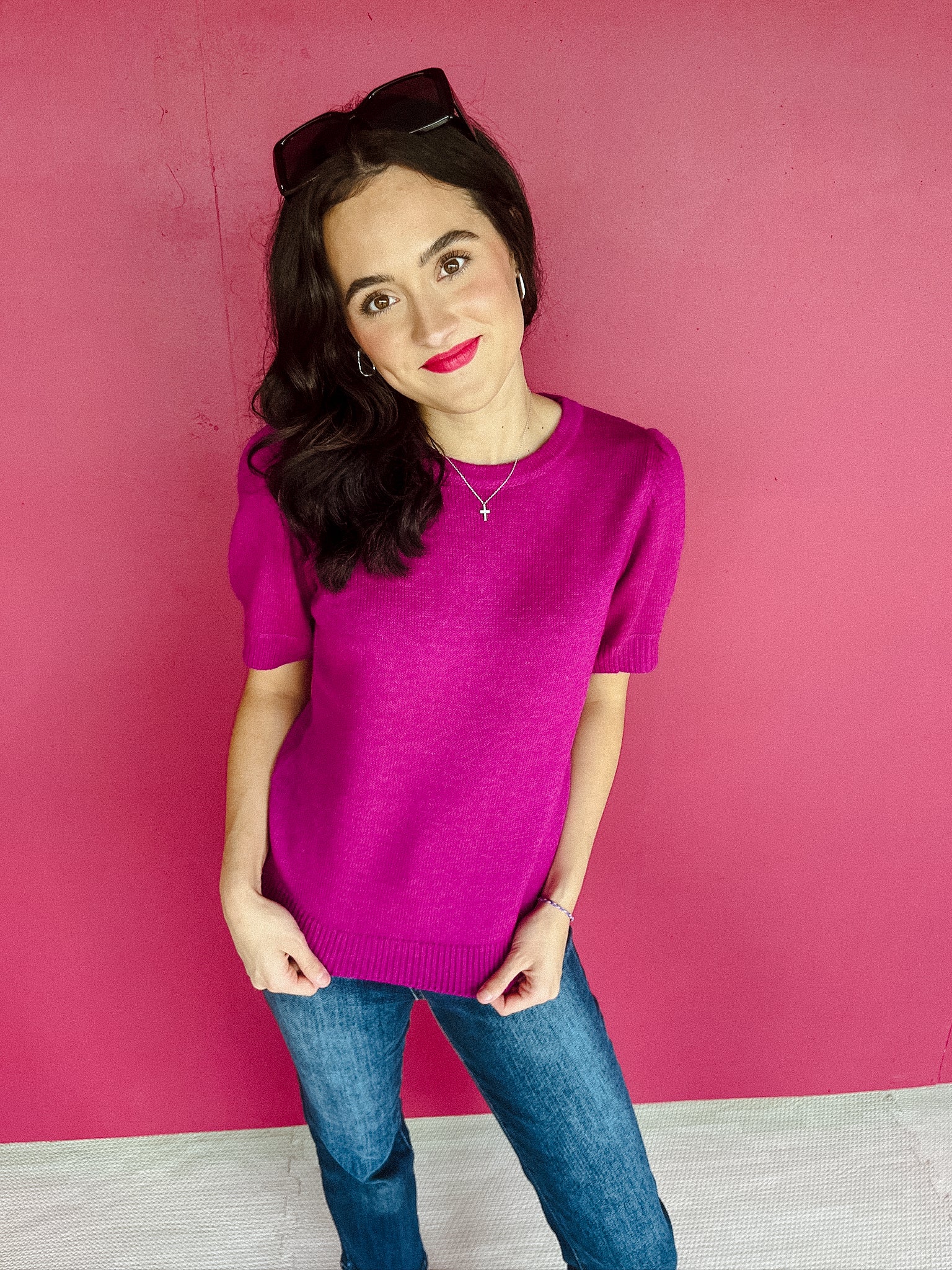 Julie Short Sleeve Sweater - Bright Orchid