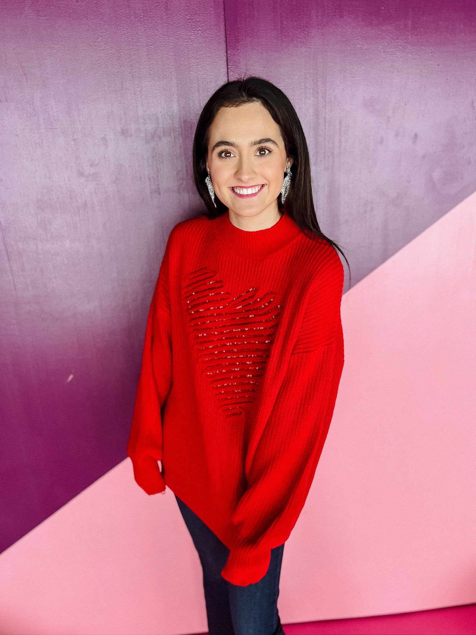 Megan Heart Sequin Sweater - Cool Red