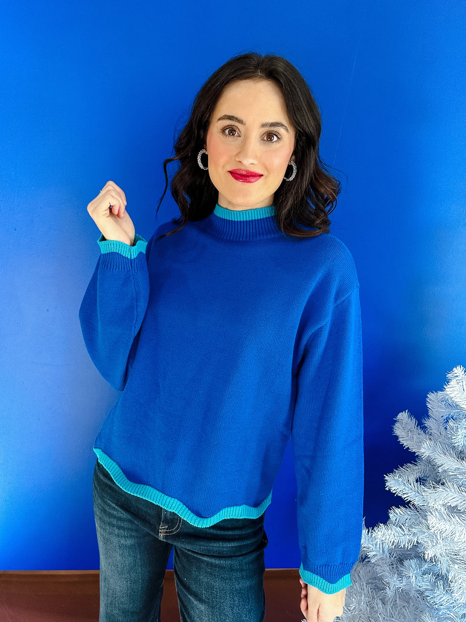 Macie Jane Mock Neck Sweater - Bright Navy + Turquoise