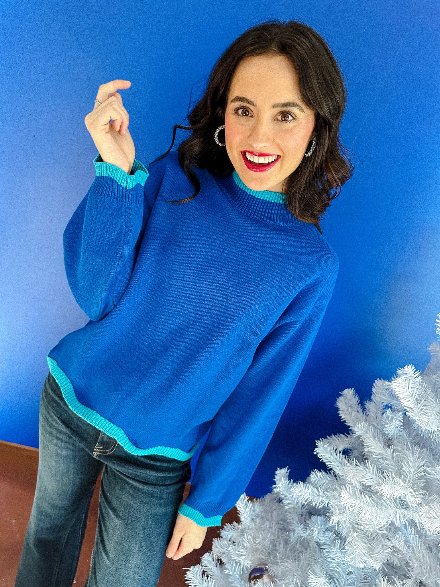 Macie Jane Mock Neck Sweater - Bright Navy + Turquoise