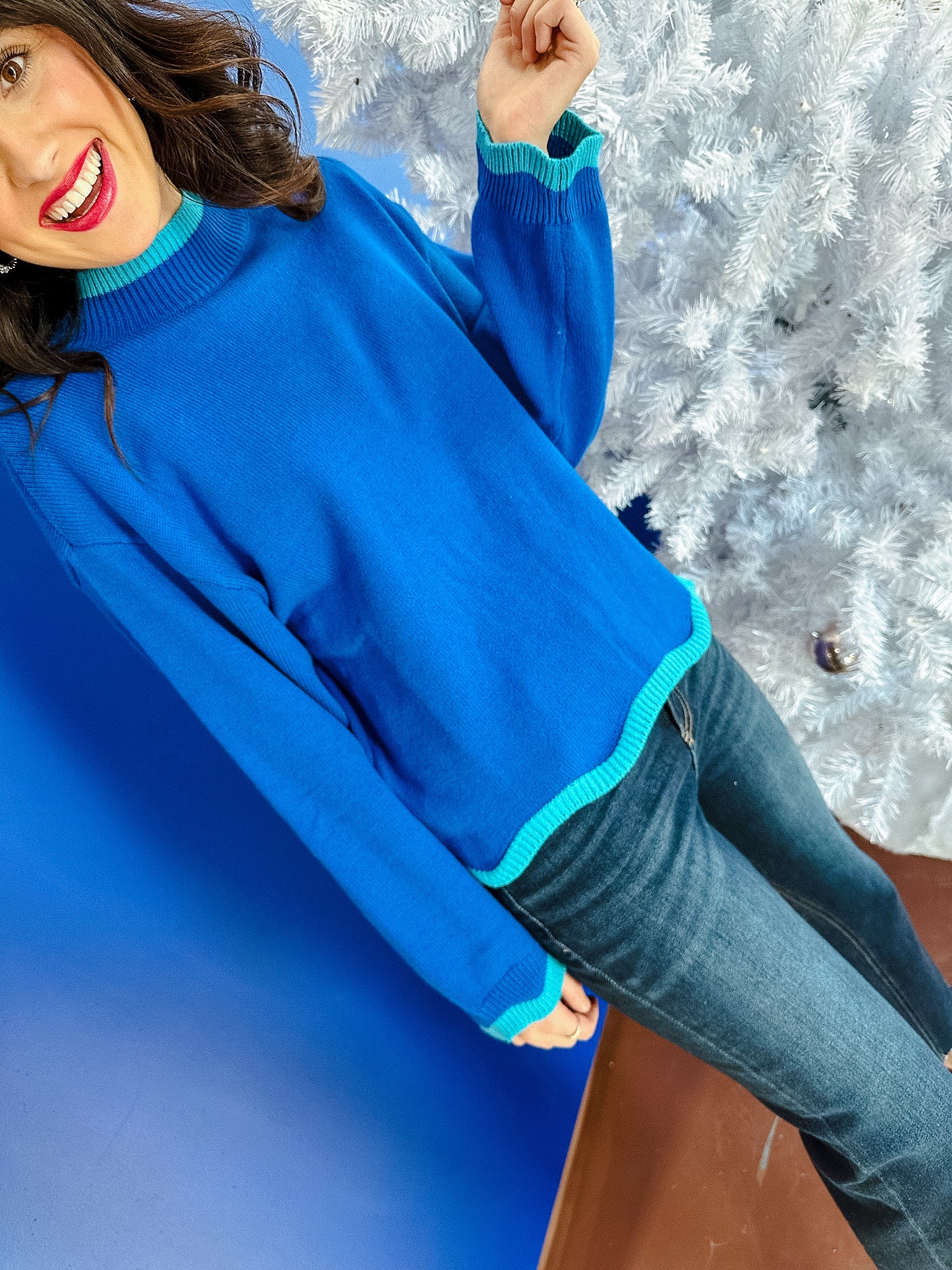 Macie Jane Mock Neck Sweater - Bright Navy + Turquoise