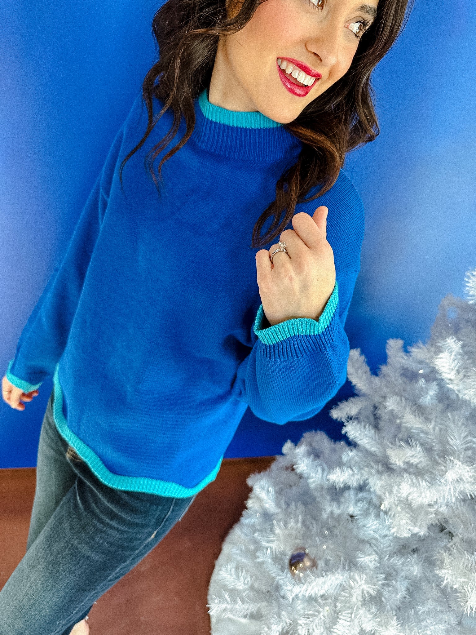 Macie Jane Mock Neck Sweater - Bright Navy + Turquoise