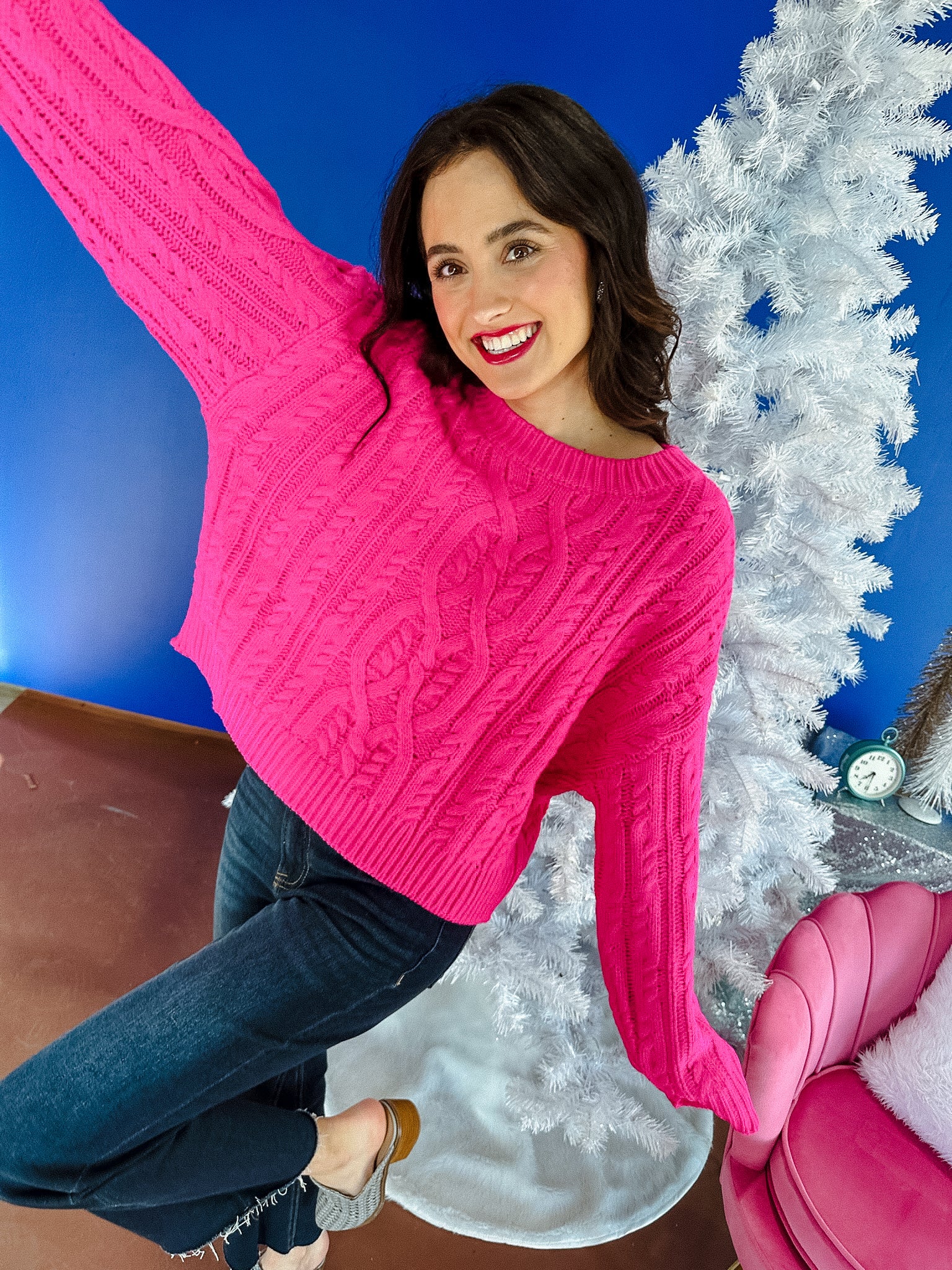 Harlem Cable Knit Sweater - Hot Pink