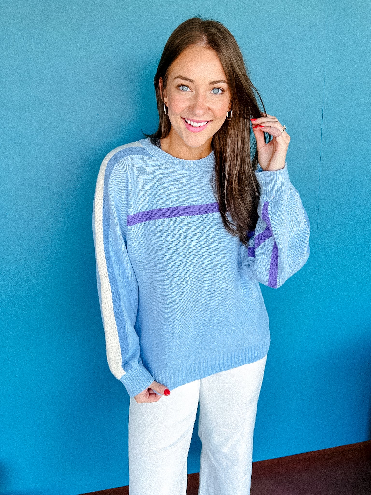 Tilly Colorblock Sweater - Sky Blue + Soft White + Purple