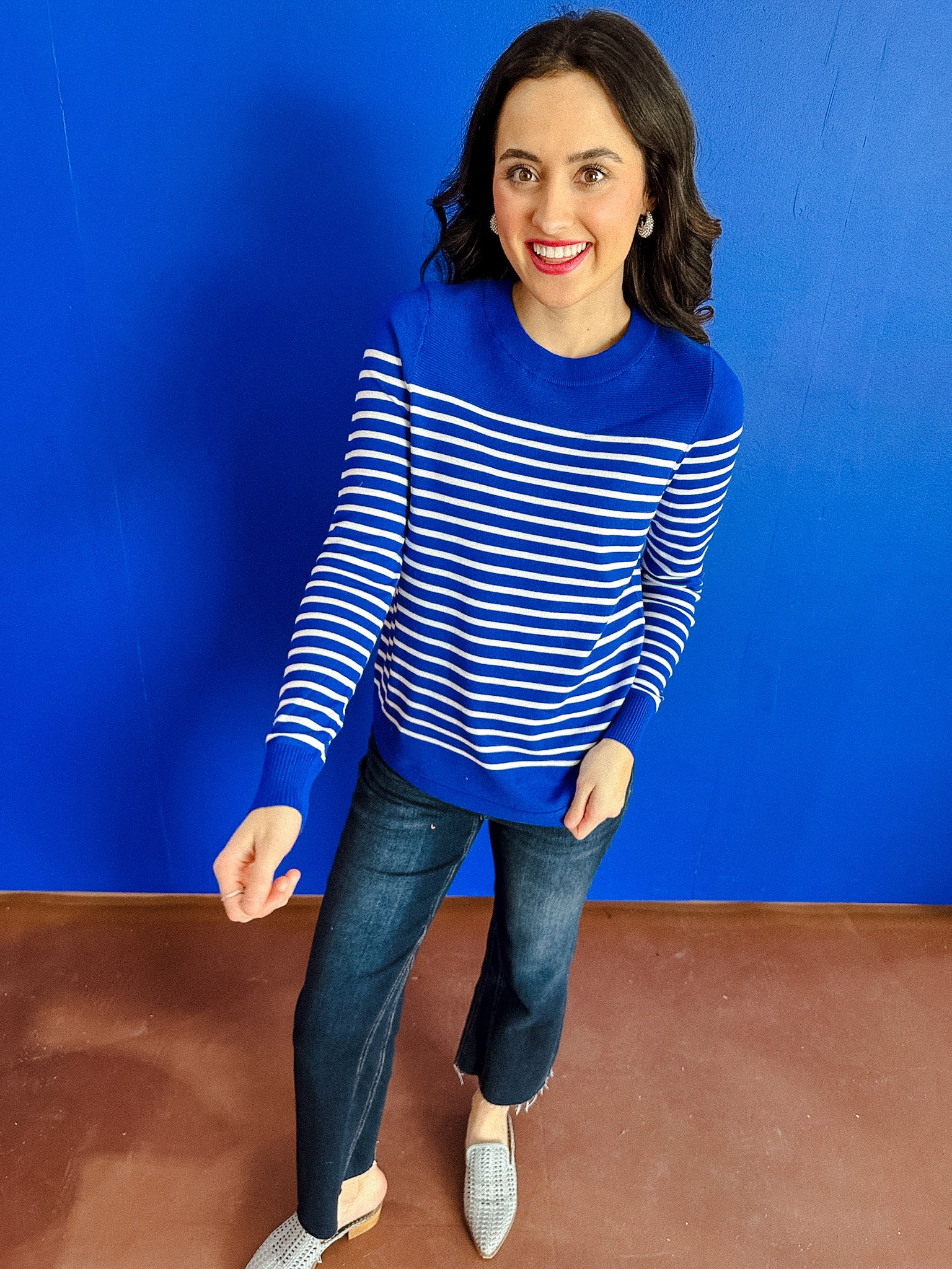 Lainey Striped Crewneck Sweater - Royal Blue