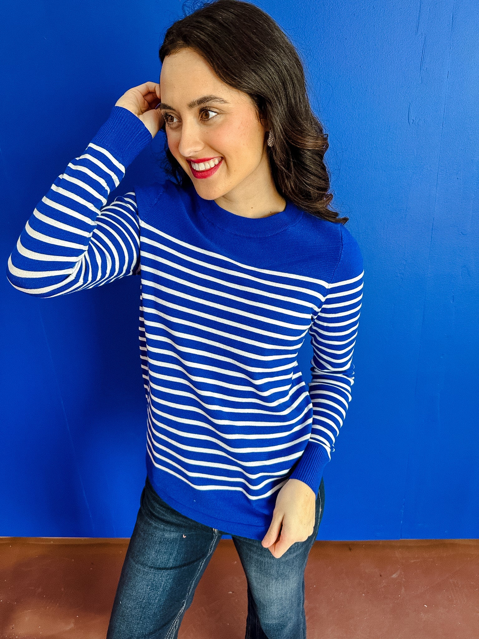 Lainey Striped Crewneck Sweater - Royal Blue