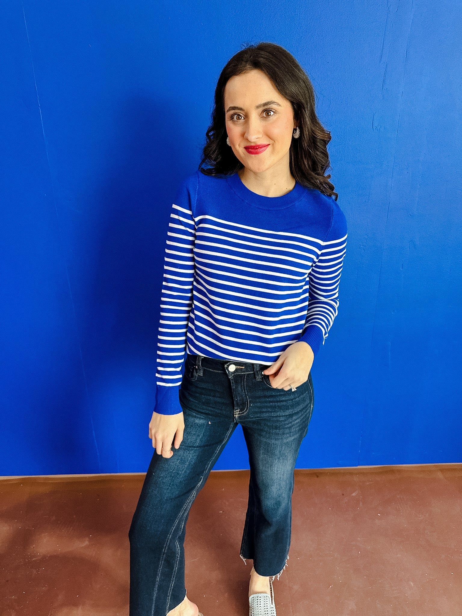 Lainey Striped Crewneck Sweater - Royal Blue