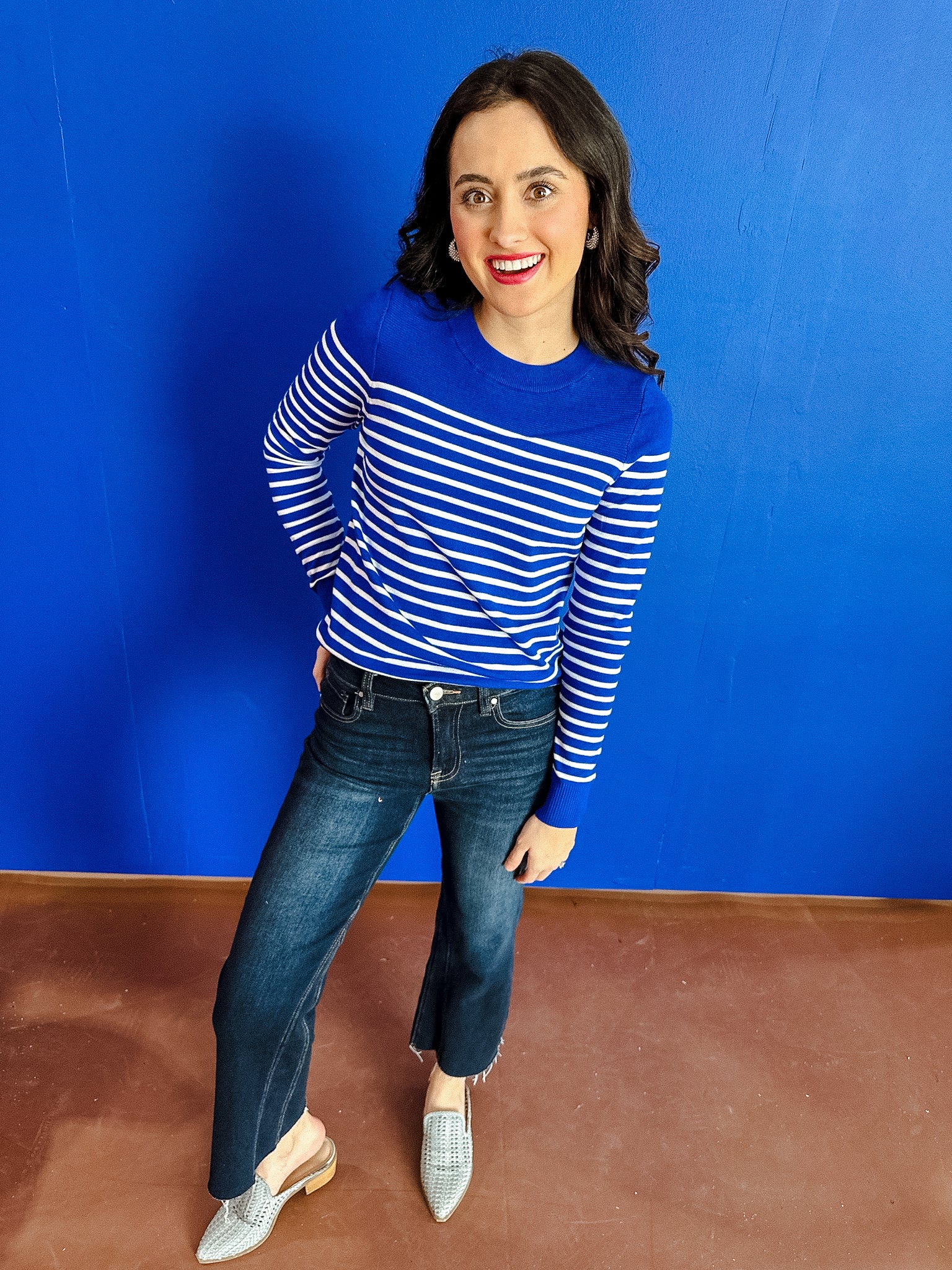 Lainey Striped Crewneck Sweater - Royal Blue