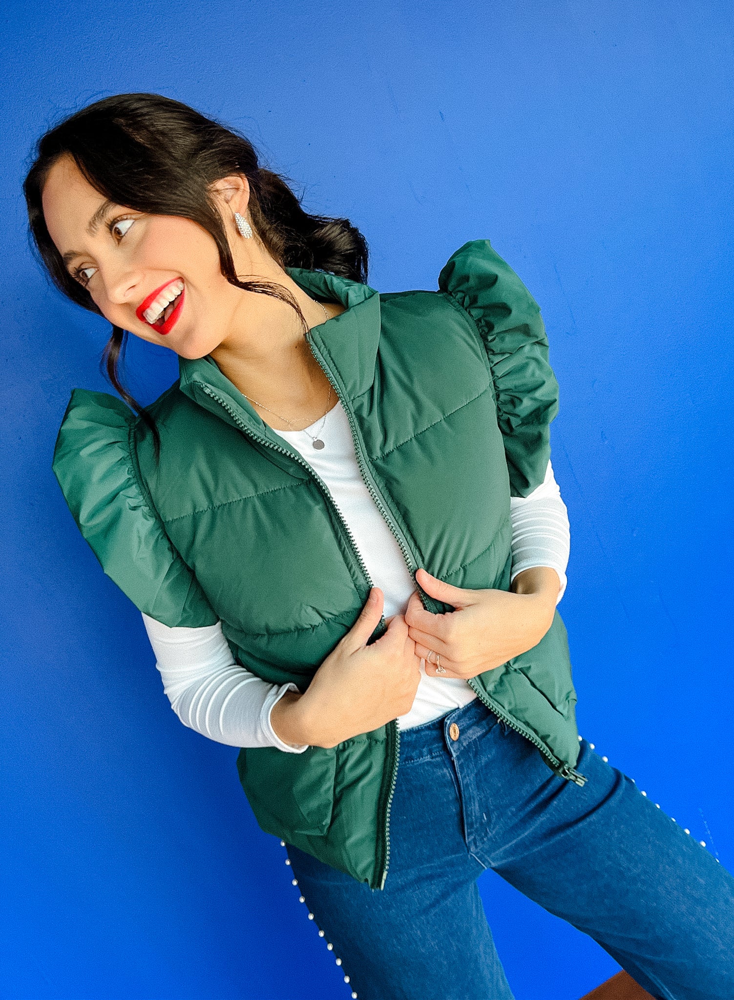 Theonna Ruffle Vest - Pine/Forest Green