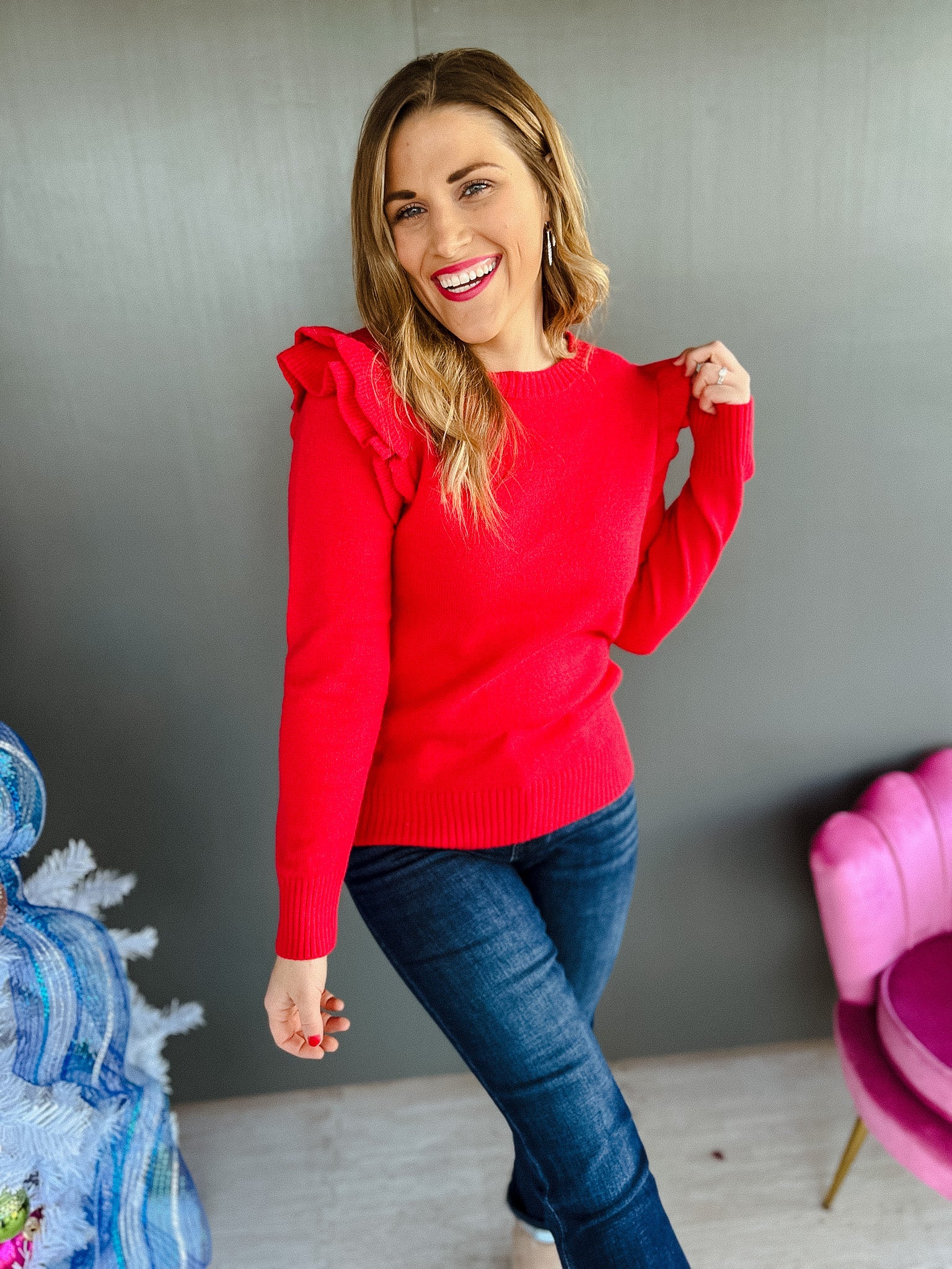 Stephanie Ruffle Sleeve Sweater - Cool Red
