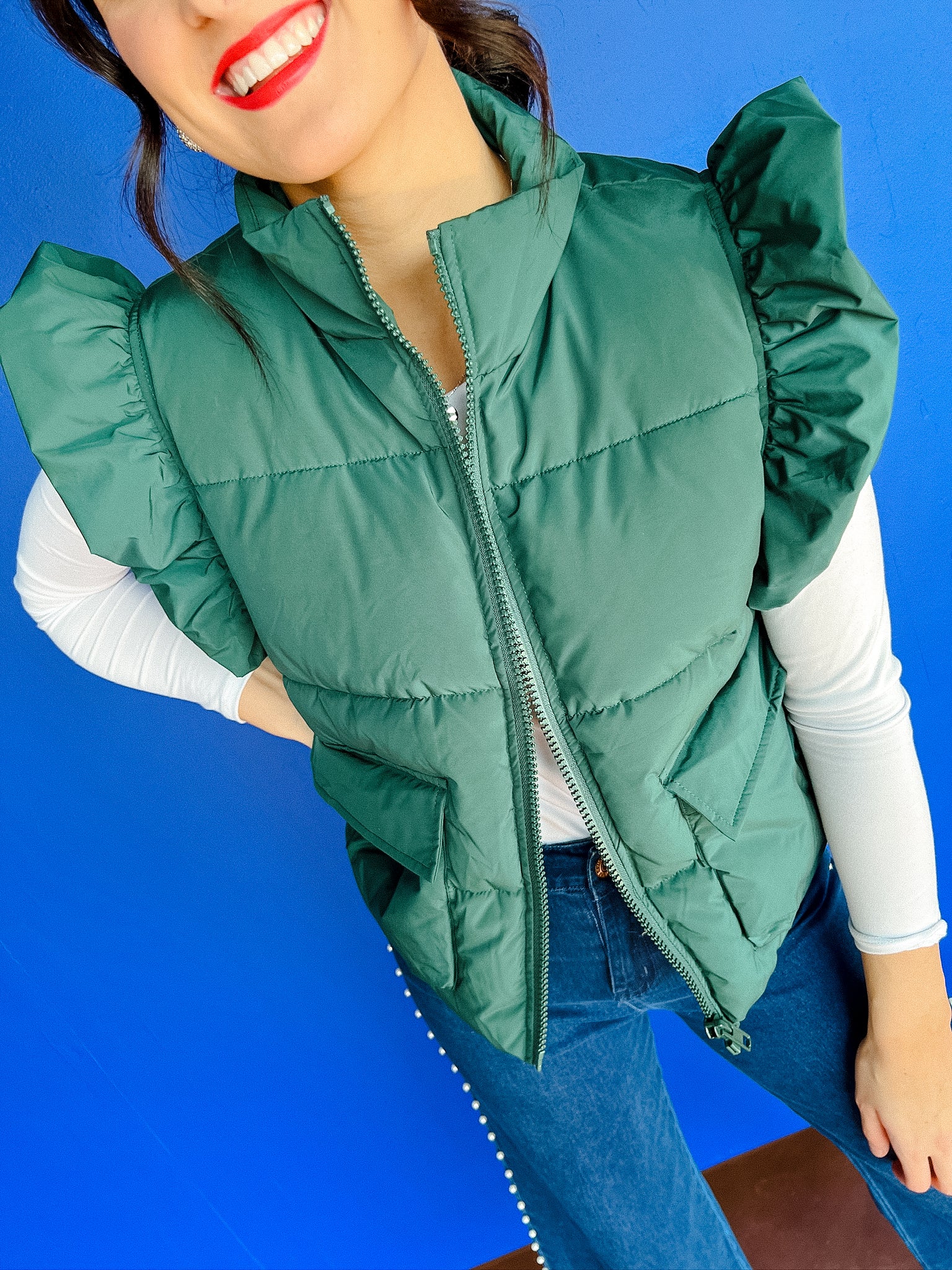 Theonna Ruffle Vest - Pine/Forest Green