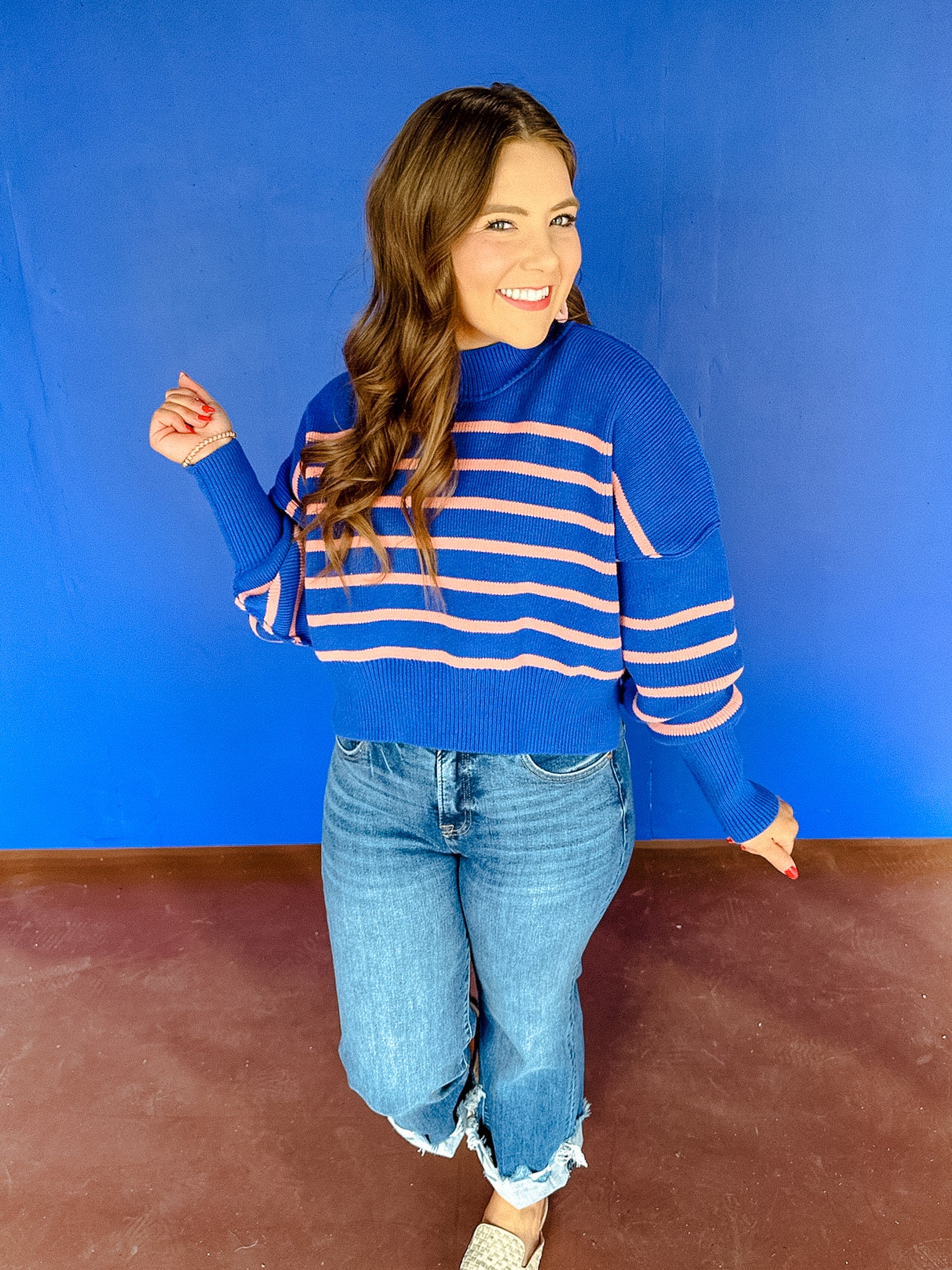 Scotty Striped Cropped Sweater - Bright Blue + Coral