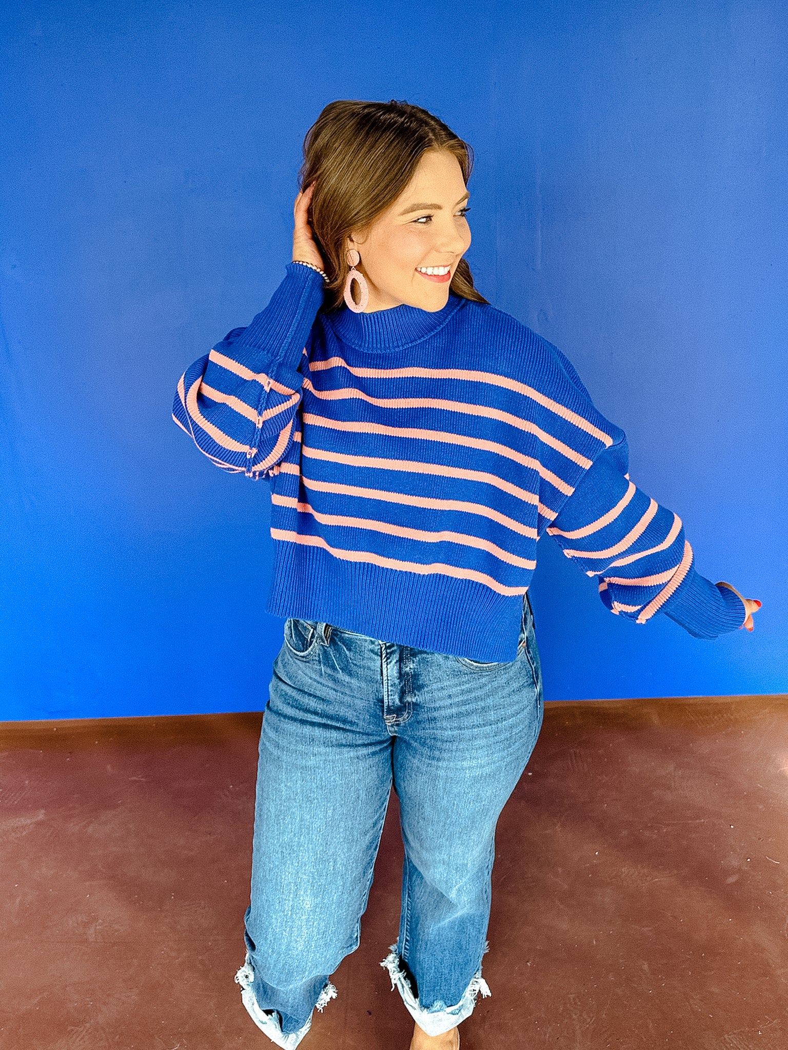 Scotty Striped Cropped Sweater - Bright Blue + Coral