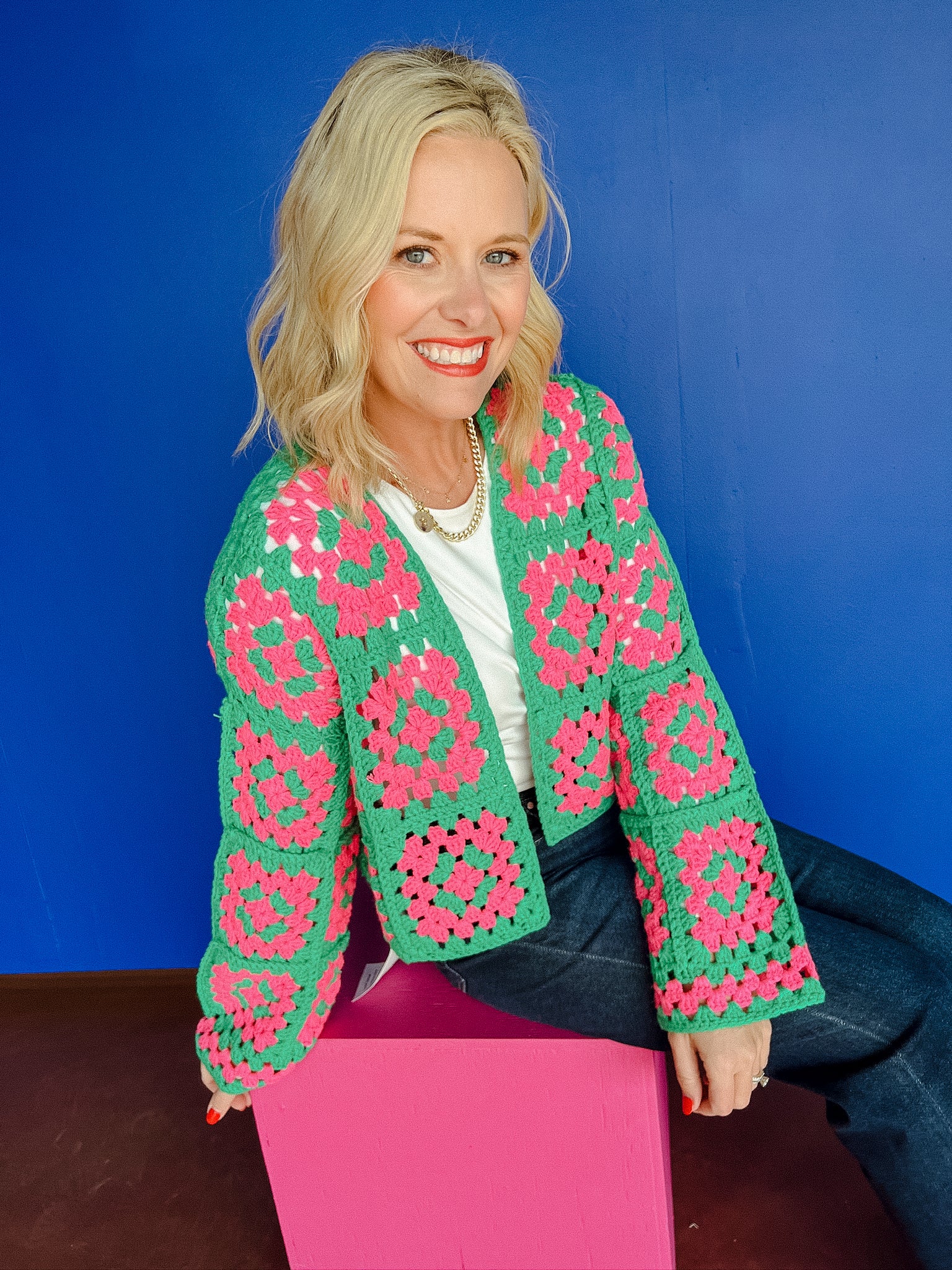 Josie Crochet Cardigan - Bright Green + Bright Pink