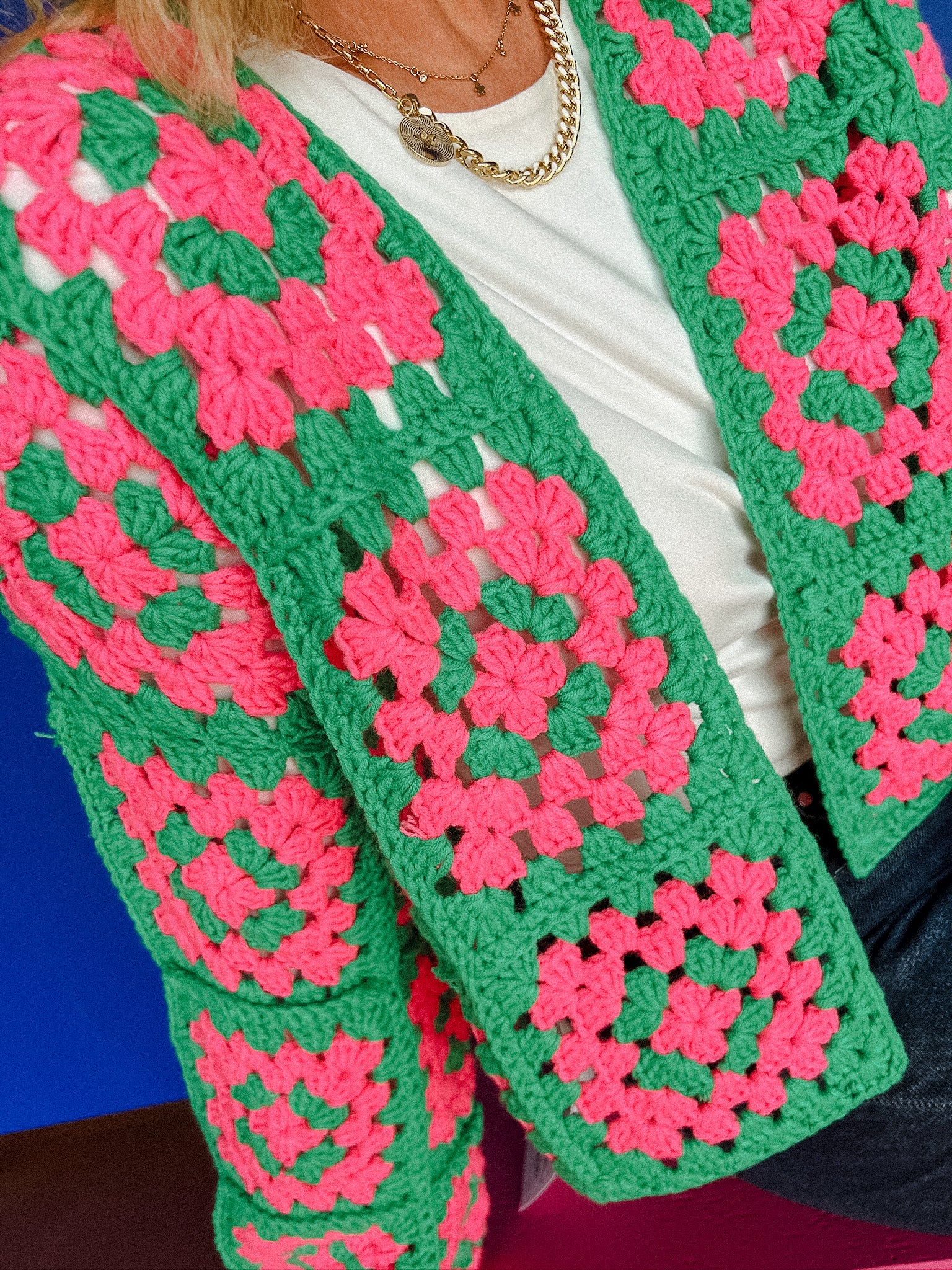 Josie Crochet Cardigan - Bright Green + Bright Pink